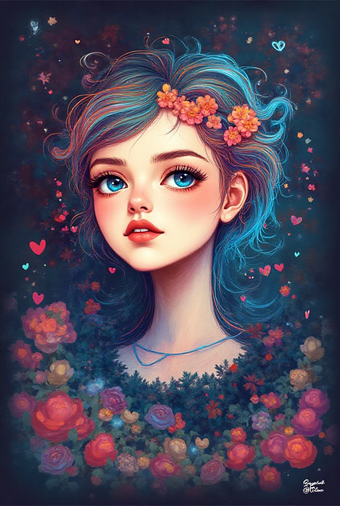 Mai Yoneyama Style、(((stylish fashion))), 8K Quality、Intense watercolor, Detailed watercolor art, Watercolor splash, Surreal, avant-garde pop art, Beautiful and expressive paintings, Beautiful artwork illustration, Very colorful tones, wonderful, Cool beauty, highest quality、Official Art, Vector art, Stylish design, (((The most beautiful girl))), (((highest quality))), HDR, ((detailed)), (((Doodle Art)), ((masterpiece)), ((Super detailed)), (((Colorful flowers))), colorful hearts, (((Stylish))), Lips in love