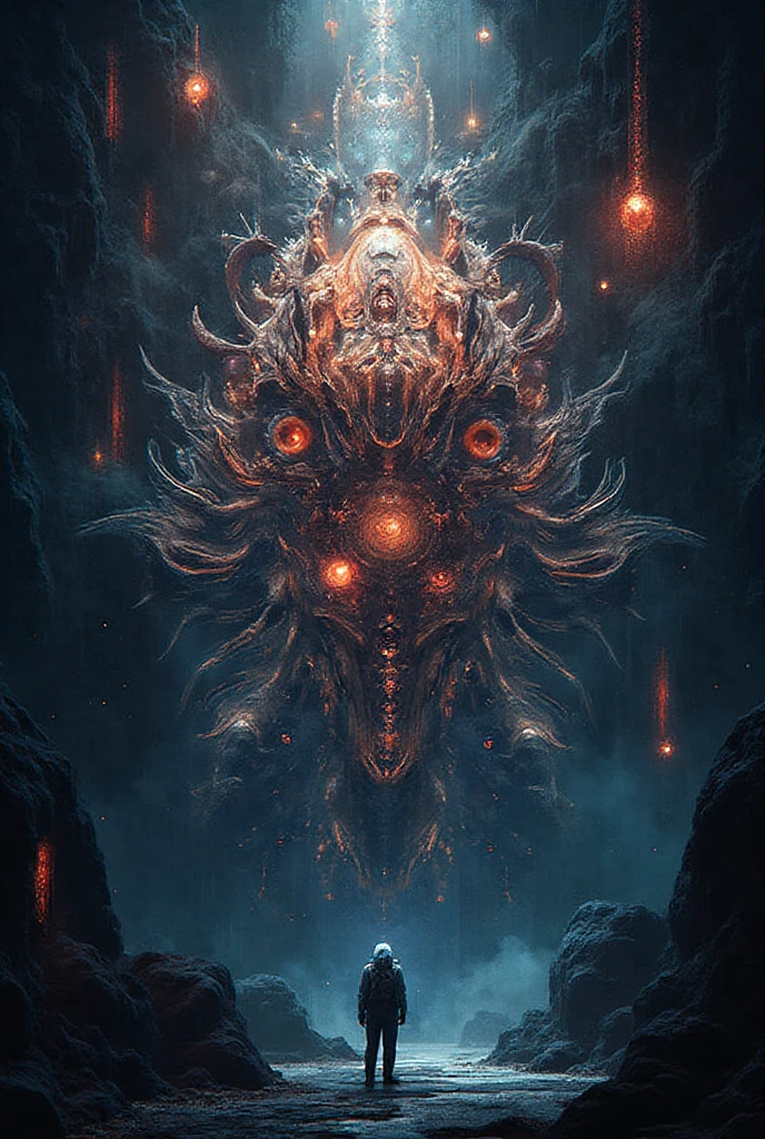 a painting of a giant monster with a giant head and a giant eye, psytrance artwork, hyper detailed visionary art, dan mumford and alex grey style, hyper - detailed visionary art, highly detailed visionary art, shamanic dmt horror art, visionary art style, symmetrical epic fantasy art, dan mumford and peter mohrbacher, psychedelic surreal art, psychedelic trippy visionary art