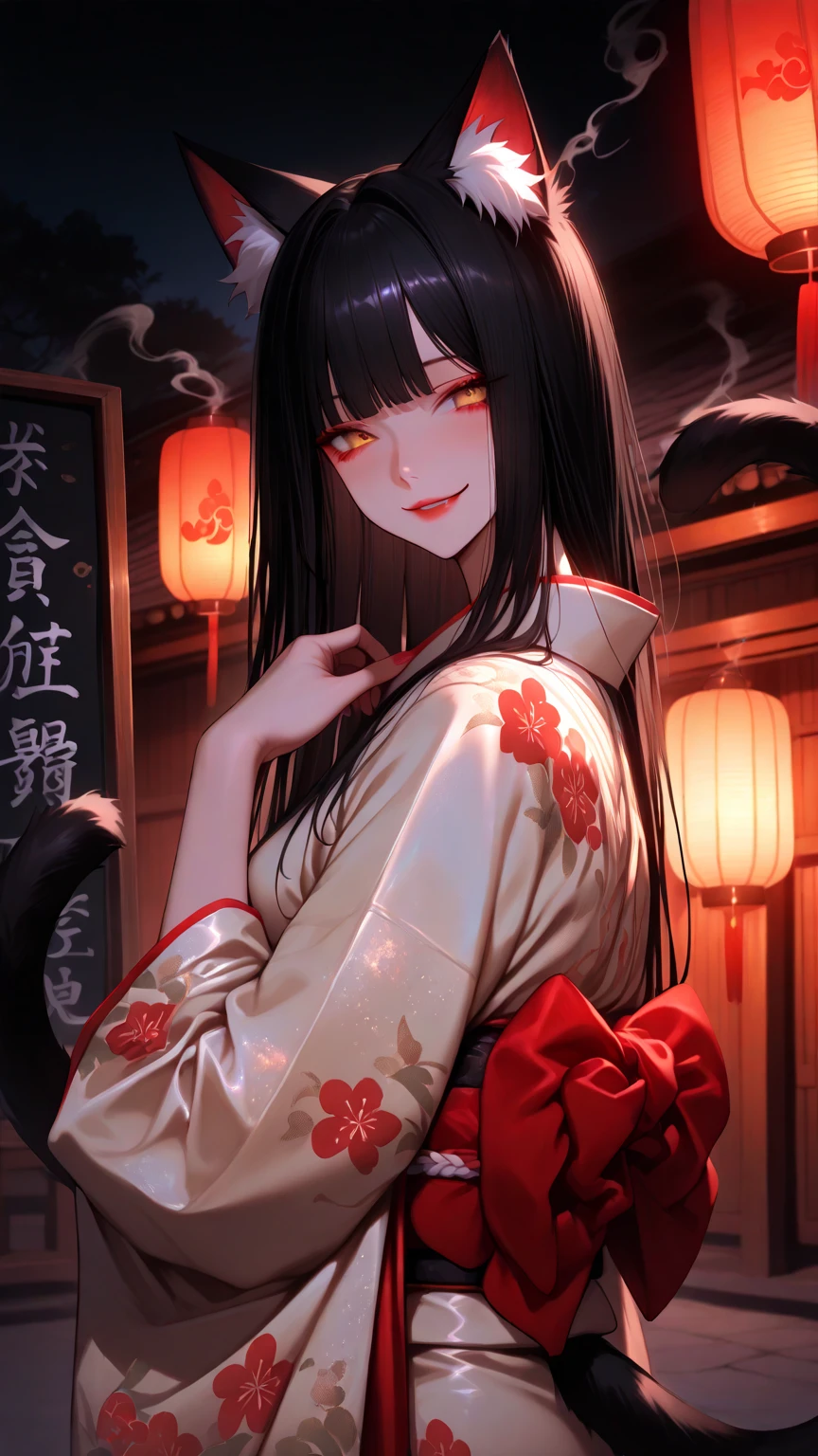 girl with black hair tied up, very pale skin, body chained, slight sarcastic smile, left hand covering her left eye, red kimono on the right side falling over her shoulders, around her several dark evil creatures like black figures. image and dark pastel colors.