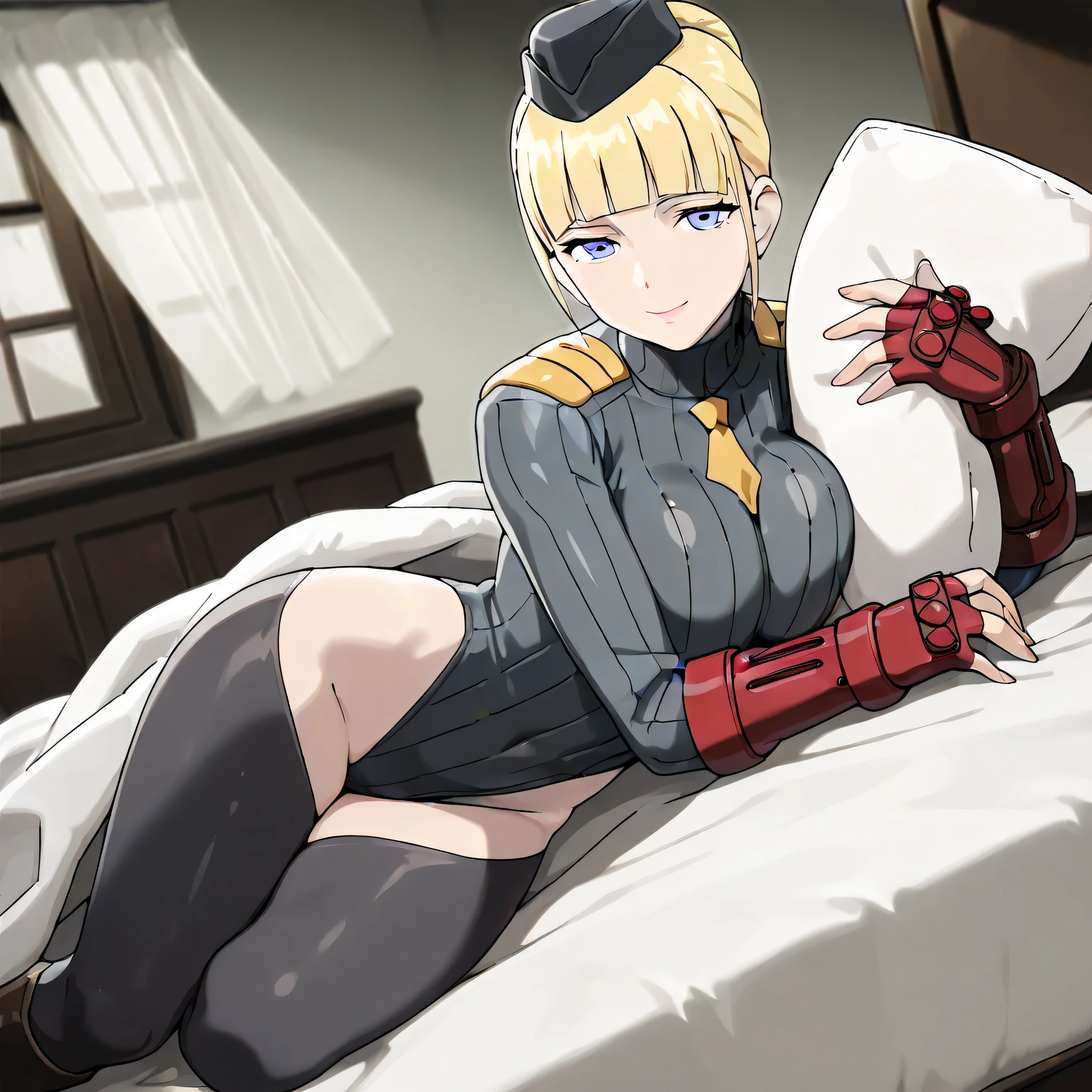 (cross-eyed), (half closed eyes),(Masterpiece), (Highest quality), (Very detailed), (The best shape), (Best Shaow), (Absurd), (So beautiful), Shiny , Extraordinary, Countershading, 8k, 32K, High resolution, Very Detailed CG, UHD, masterpiece, best quality, amazing quality, highres, absurdres, very aesthetic, high resolution, ultra detailed, perfect details, medium breasts,ceciliairene, ((Peach blonde hair)),(black eyelashes),blunt bangs,short bangs,hair bun, blue eyes, pink lipstick, zeon millitary uniform,red uniform, epaulettes, gold trim, red pants,score_9, score_8_up, score_7_up, source_anime,,best quality,amazing quality, 1girl,solo,masterpiece, newest, lively, Very aesthetic,Best Quality, semi-realistic,nsfw, dying,empty eyes, five toes,((dead eyes)),(expressionless),((sleeping)),(((feet focus))),(anvil position),on back,lower,body,feetfocusILL, ((black socks)),soles,spread arms,unconscious,POV,legs up high, spread legs,(((detailed close foot shot))),indoor, (((Detailed socks))), saliva,tongue out