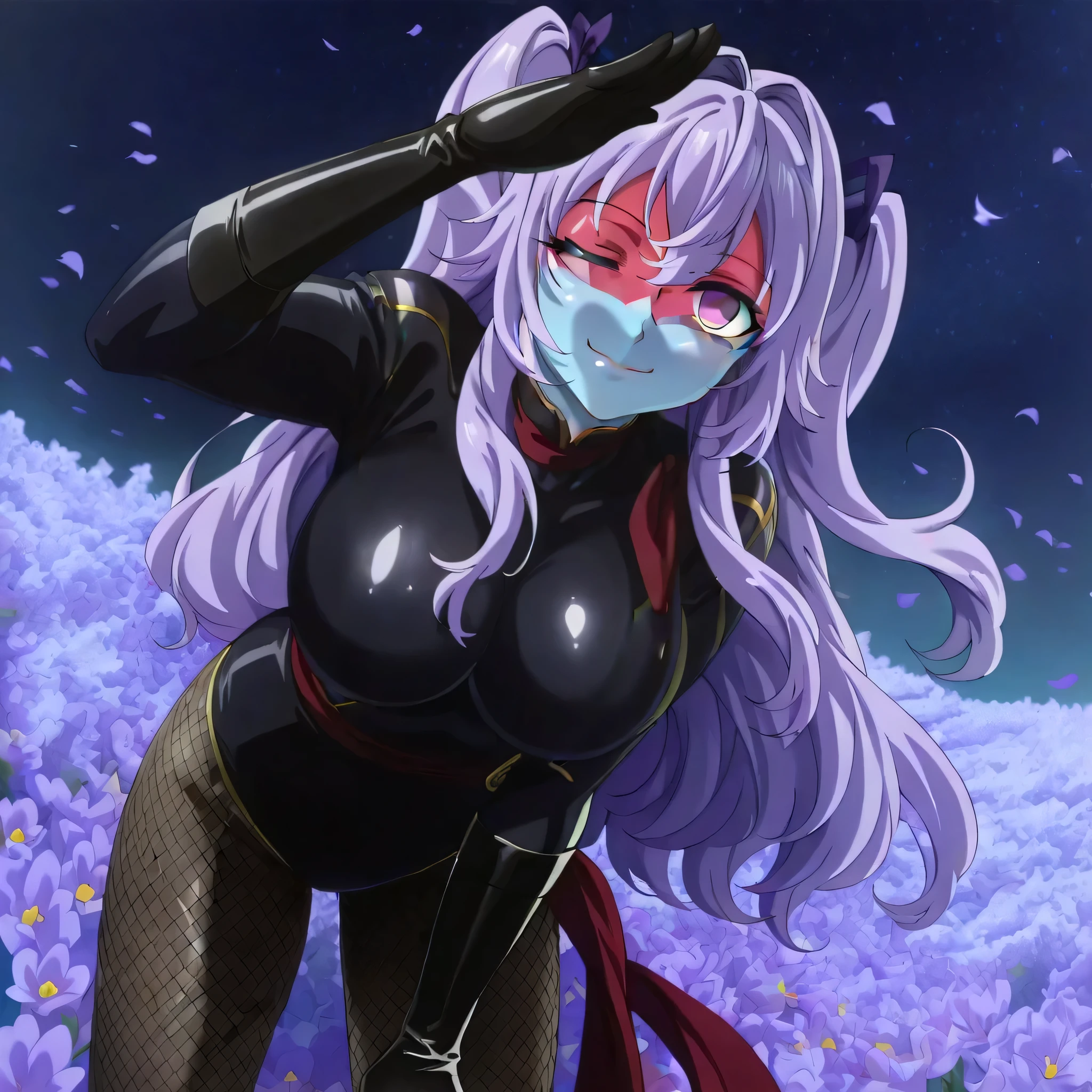 (((Masterpiece))), (((Best Quality))), ((Super Detail)), ultra-High resolution, score_9,score_8_up,score_7_up,score_6_up,score_5_up,score_4_up, BREAK, source_anime, anime screencap, uncensored, Masterpiece, (best shadow), (absurdres), (detailed background), (very aesthetic), detailed beautiful eyes, outstanding, an exquisite animation illustration, curvy, highres, shiny clothing, dark persona, empty eyes, blank eyes, shocker, black leotard, latex elbow gloves, brown fishnet pantyhose, (((blue skin))), colored skin, red sash, makeup, (((solo, 1girl))), hair ornament, seductive pose, submissive pose, anime style, anime coloring, animification, megami magazine, sexy pose, dynamic angle, cinematic angle, dutch angle, dynamic composition, large breast, latticenail (ansatsusha de aru), long hair, purple hair, twin tails, hair ribbon, hair intakes, hair between eyes, sidelocks, purple eyes, fang, cute, cute pose, cute smile, closed mouth, purple flower, flower petals, petals, wind, windy, night, night scene, wink, tilt head, head tilt, salute, saluting, bent over, leaning forward, arched back, outdoor, starry sky, one eye closed, flower field