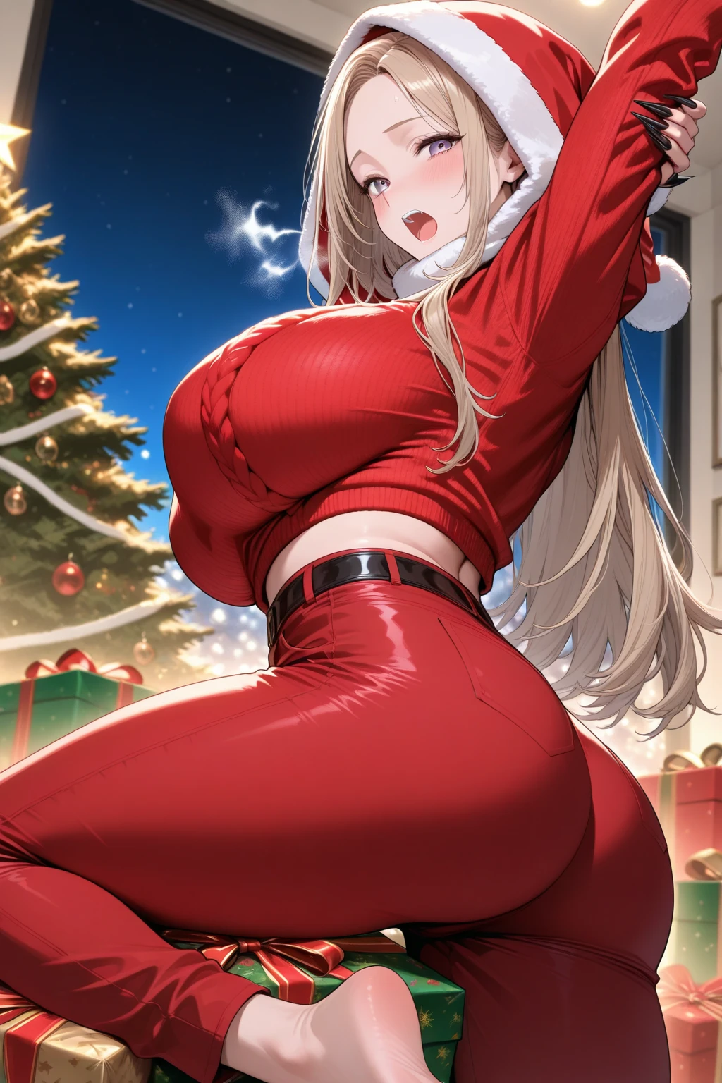 anila (granblue fantasy), granblue fantasy, minaba hideo, , full body, indoors, blurry background,  face, pubic hair peek, christmas,  ribbon, midriff, short, draph, yellow hair, , taut clothes, tight clothes, , curvy, wide , narrow waist, thick thighs, sound effects, best quality, amazing quality, very aesthetic, absurdres,