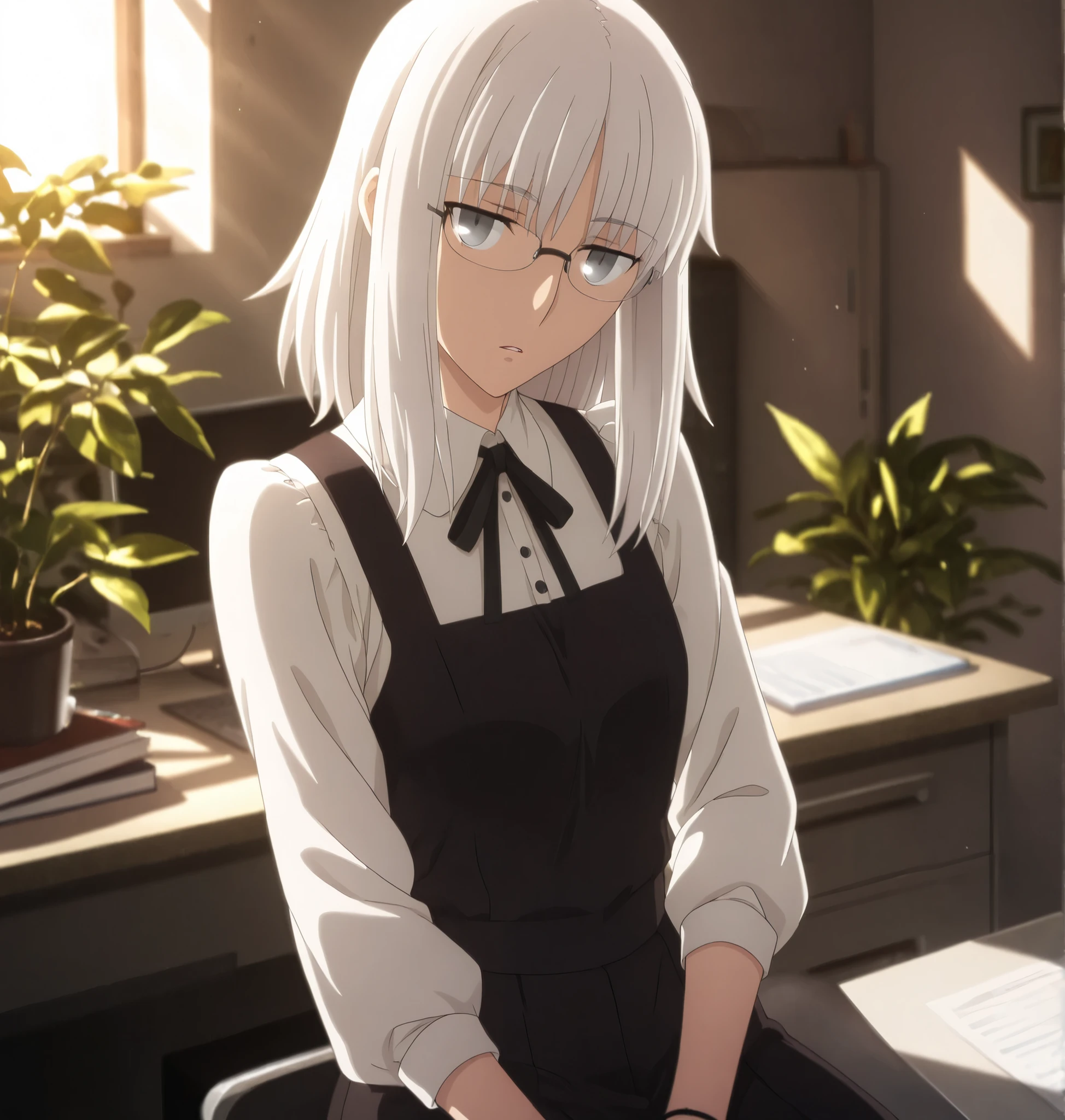ufotable style ,masterpiece,best quality,good quality,newest, 8k, , from above,
indoors ,((cinematic light, sunlight, backlight)), (sitting ), (plant ,detailed background, office),parted lips, , 
expressionless,
looking at viewer, head tilt, bracelet, pc ,hot coffee on desk ,(hair over eyes:0.7),wispy bangs,
solo,
(anime coloring, anime screencap), 
fate heaven`s feel official style, 1 mature girl, (white hair),(medium hair, long sidelocks),jitome, (light gray eyes),(black frame glasses),slim long arms,(small chest),(tall girl, aged up, :1.31),
cowboy shot, , ,
(short jumper skirt, , mini pinafore, micro jumper, seifuku),neck ribbon, narrow ribbon ,