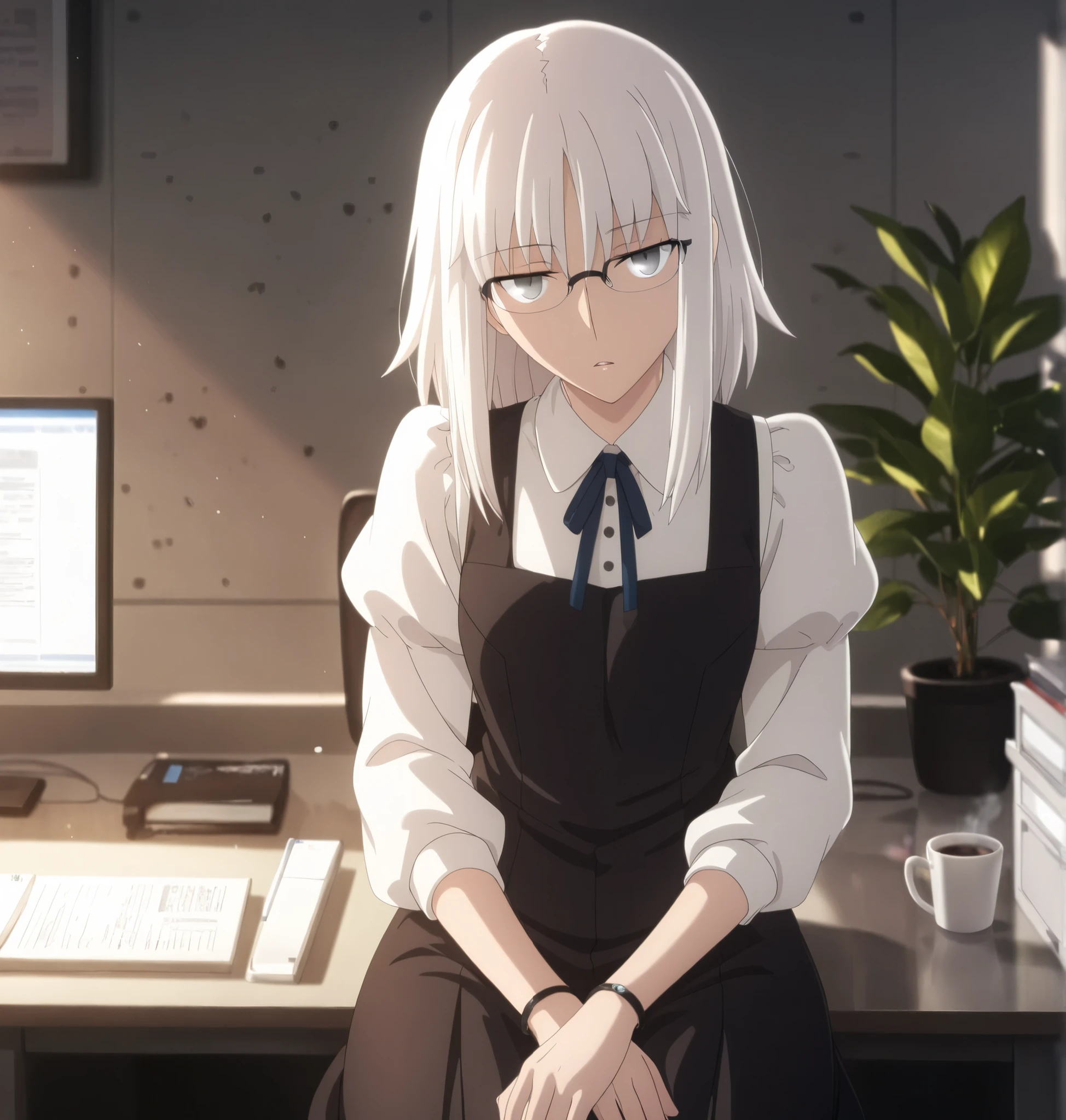 ufotable style ,masterpiece,best quality,good quality,newest, 8k, , from above,
indoors ,((cinematic light, sunlight, backlight)), (sitting ), (plant ,detailed background, office),parted lips, , 
expressionless,
looking at viewer, head tilt, bracelet, pc ,hot coffee on desk ,(hair over eyes:0.7),wispy bangs,
solo,
(anime coloring, anime screencap), 
fate heaven`s feel official style, 1 mature girl, (white hair),(medium hair, long sidelocks),(tsurime ,jitome), (light gray eyes),(black frame glasses),slim long arms,(small chest),(tall girl, aged up, :1.31),
cowboy shot, , ,
(short jumper skirt, , mini pinafore, micro jumper, seifuku),neck ribbon, narrow ribbon ,