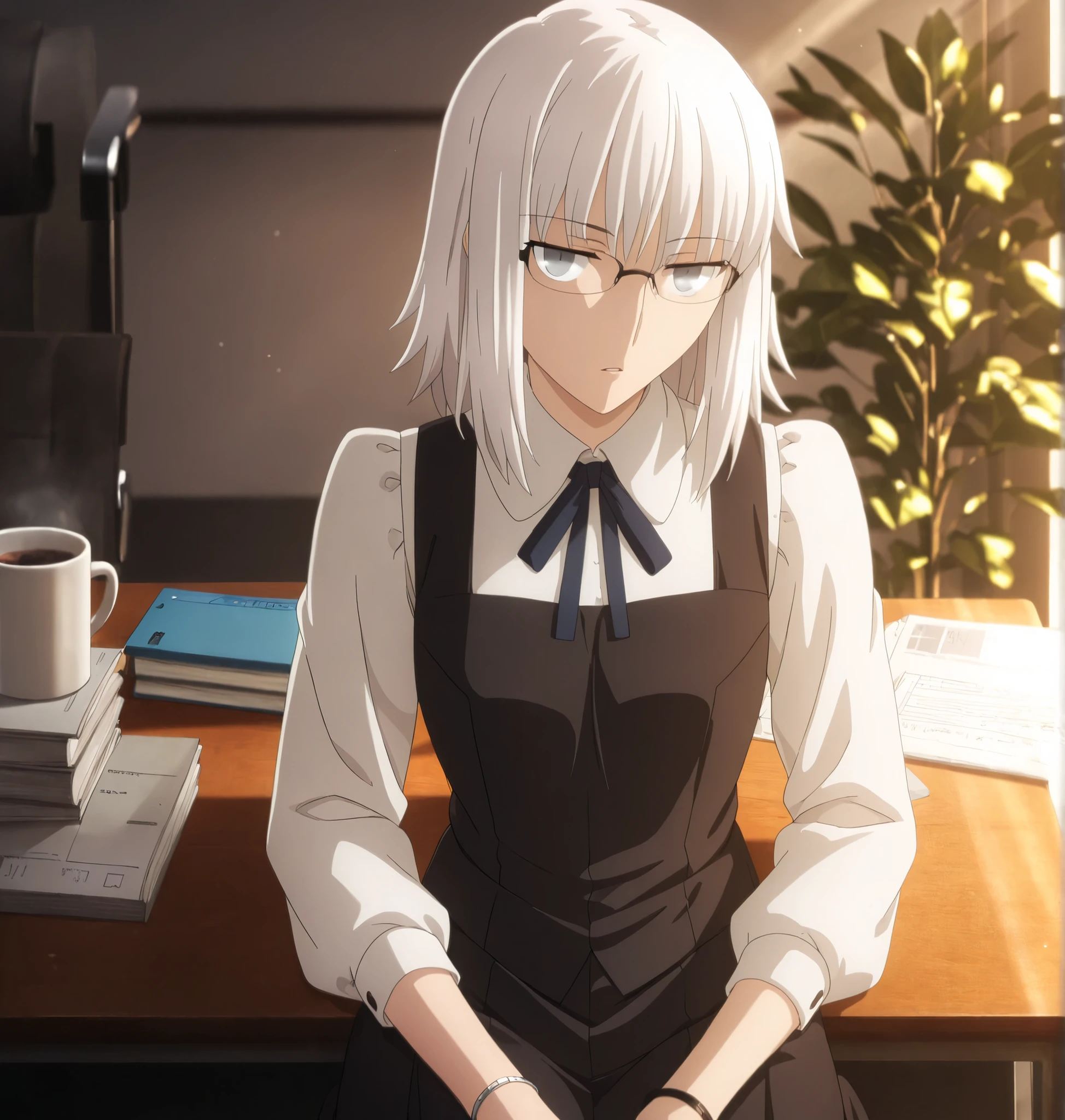ufotable style ,masterpiece,best quality,good quality,newest, 8k, , from above,
indoors ,((cinematic light, sunlight, backlight)), (sitting ), (plant ,detailed background, office),parted lips, , 
expressionless,
looking at viewer, head tilt, bracelet, pc ,hot coffee on desk ,(hair over eyes:0.7),wispy bangs,
solo,
(anime coloring, anime screencap), 
fate heaven`s feel official style, 1 mature girl,(wolf cut hair),(white hair),(medium hair, sidelocks),(tsurime ,jitome), (light gray eyes),(black frame glasses),slim long arms,(small chest),(tall girl, aged up, :1.31),
cowboy shot, , ,
(short jumper skirt, , mini pinafore, micro jumper, seifuku),neck ribbon, narrow ribbon ,