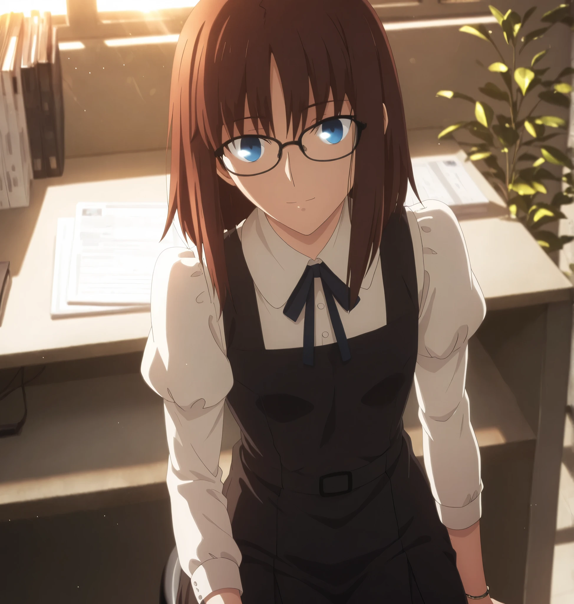 ufotable style ,masterpiece,best quality,good quality,newest, 8k, , from above,
indoors ,((cinematic light, sunlight, backlight)), (sitting ), (plant ,detailed background, office),, , 
expressionless, light smile,
looking at viewer, head tilt, bracelet, pc ,hot coffee on desk ,(hair over eyes:0.7),wispy bangs,
solo,
(anime coloring, anime screencap), 
fate heaven`s feel official style, 1 mature girl, (brown hair),(medium hair, long sidelocks), (blue eyes),(black frame glasses),slim long arms,(flat chest),(tall girl, aged up, :1.31),
cowboy shot, , ,
(short jumper skirt, , mini pinafore, micro jumper, seifuku),neck ribbon, narrow ribbon ,