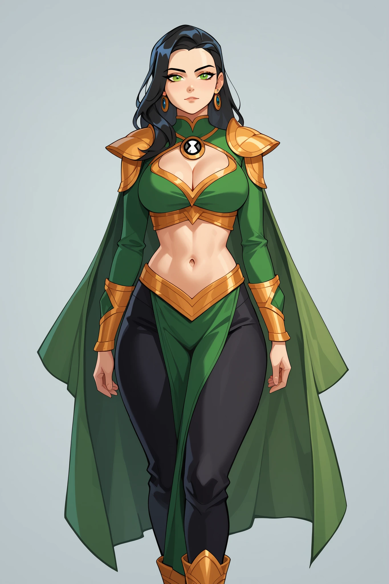masterpiece, ultra-high quality, professionally detailed, professionally shaded,PonyXLV6_Scores, single person, god, black hair, Divine clothing, green eyes, big breasts, robes, pants, ben10, robes, cleavage, long hair, black pants, navel, thick thighs, wide hips, slim waist, long sleeves, green cape, green sleeves, cowboy shot, green robes, green boots, zPDXL3, pelvis curtain, cowboy shot, green pelvis curtain, pants,shoulder guards, bracers, forearm armor,Divine garments, celestial garments, garments of God, garments of goddesses, Divine tunic, tunic of God, tunic of goddesses, pants, black pants, black top, bare navel, green sleeves