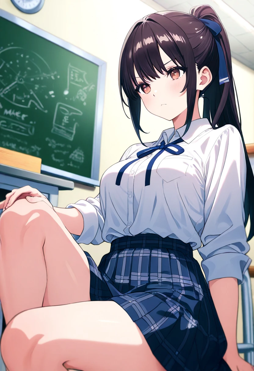 high school student、Women、School classroom、(Big Breasts)、smirk、curvy、(((((1 girl)))))、(from below)、With a cheek cane、