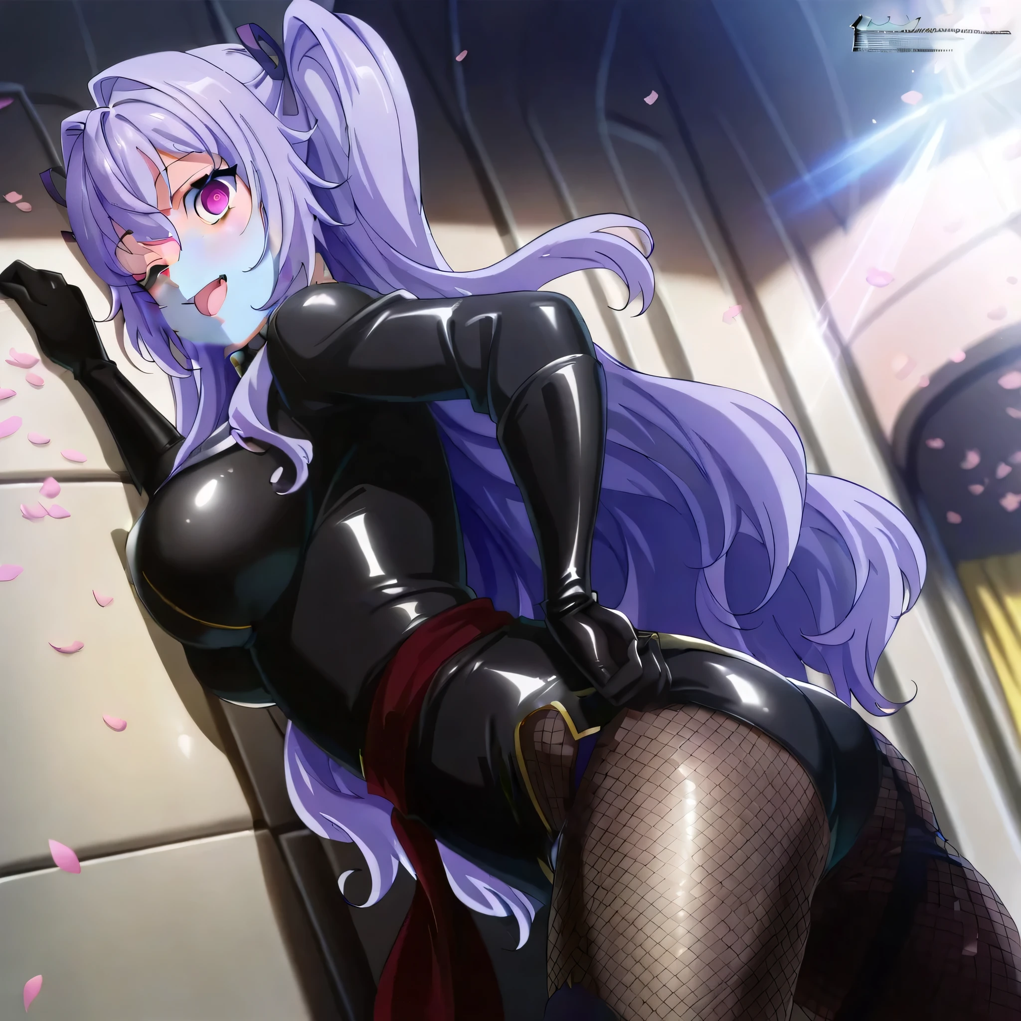 (((Masterpiece))), (((Best Quality))), ((Super Detail)), ultra-High resolution, score_9,score_8_up,score_7_up,score_6_up,score_5_up,score_4_up, BREAK, source_anime, anime screencap, uncensored, Masterpiece, (best shadow), (absurdres), (detailed background), (very aesthetic), detailed beautiful eyes, outstanding, an exquisite animation illustration, curvy, highres, shiny clothing, dark persona, empty eyes, blank eyes, shocker, black leotard, latex elbow gloves, brown fishnet pantyhose, (((blue skin))), colored skin, red sash, makeup, (((solo, 1girl))), hair ornament, seductive pose, submissive pose, anime style, anime coloring, animification, megami magazine, sexy pose, dynamic angle, cinematic angle, dutch angle, dynamic composition, large breast, latticenail (ansatsusha de aru), long hair, purple hair, twin tails, hair ribbon, hair intakes, hair between eyes, sidelocks, purple eyes, fang, cute, cute pose, cute smile, fantasy, medieval, outdoor, petals, flower petals, hand on hip, open mouth, happy, wink, adjusting panties, adjusting clothes, wedgie, from side, view from side, looking from side, side ass, looking at viewer, dappled light, sunbeam