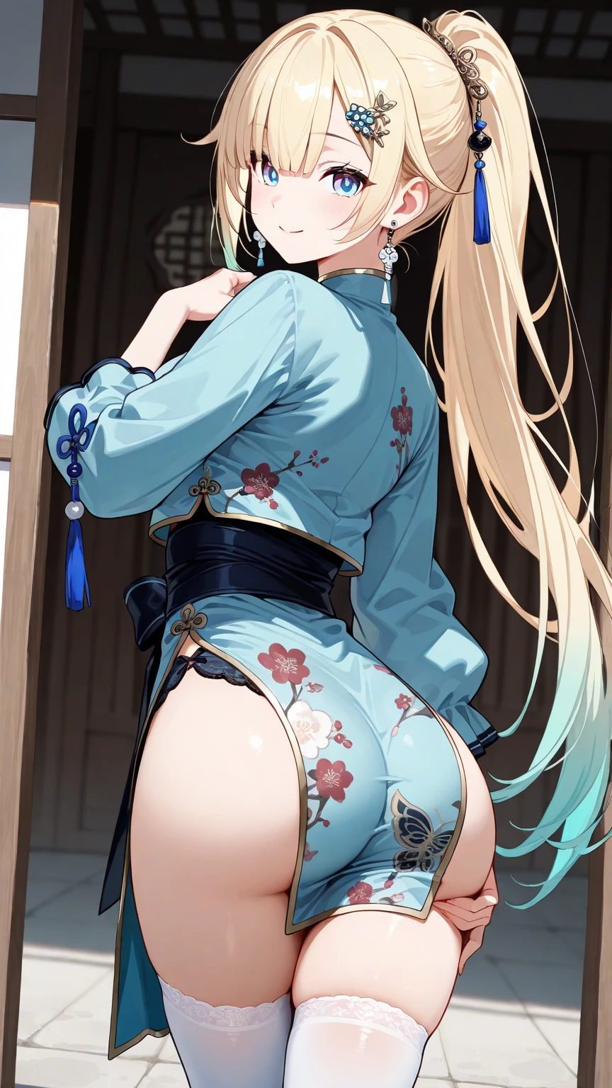 ((masterpiece, best quality)), high resolution,ultra detailed,8k,16k,detailed background, perfect lighting, 1girl,nsfw,embarrassed,blush,steam,sweat,(doggystyle,from behind:1.2),(from above:1.2), (pov:1.3),back,vaginal,sex,1boy,penis,fisheye lens,show your butt,look at viewer,happy smile,small butt,qingque,blond hair,low twintail,hairclip,green eye,,kawaii,over size head,teenage,small breast,old chinese house,night sky