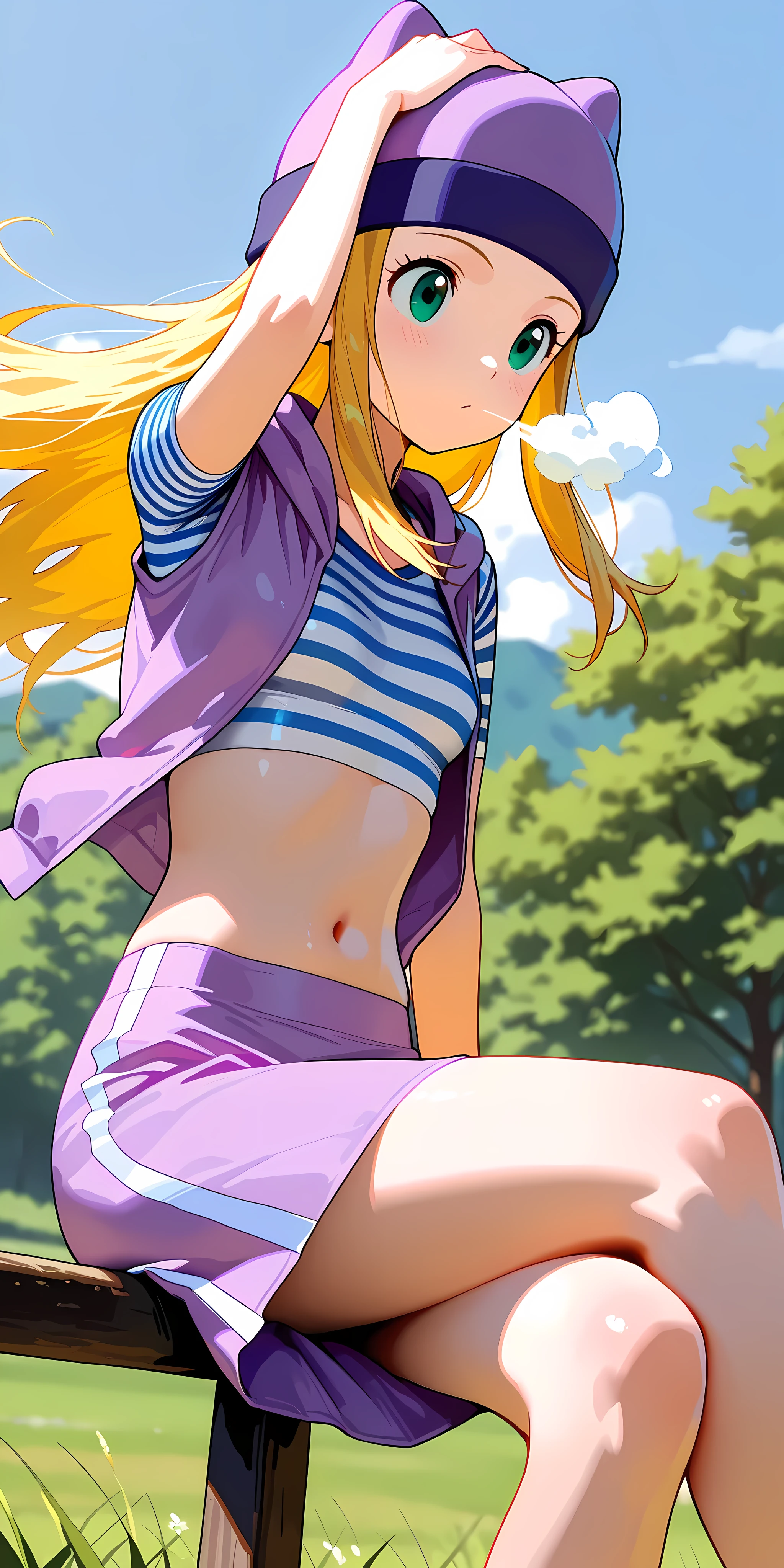 masterpiece, High quality, Ultra detailed, 2d, newest, absurdres, highres, BREAK 1girl, solo, upper body, izumi_orimoto, outdoors, wind blowing very strongly, long hair, blonde hair, hand on the head, green eyes, beanie, purple headwear, small , izumidef, short sleeves, purple vest, striped shirt, crop top, navel, purple skirt, straight skirt, sitting on an edge, legs crossed