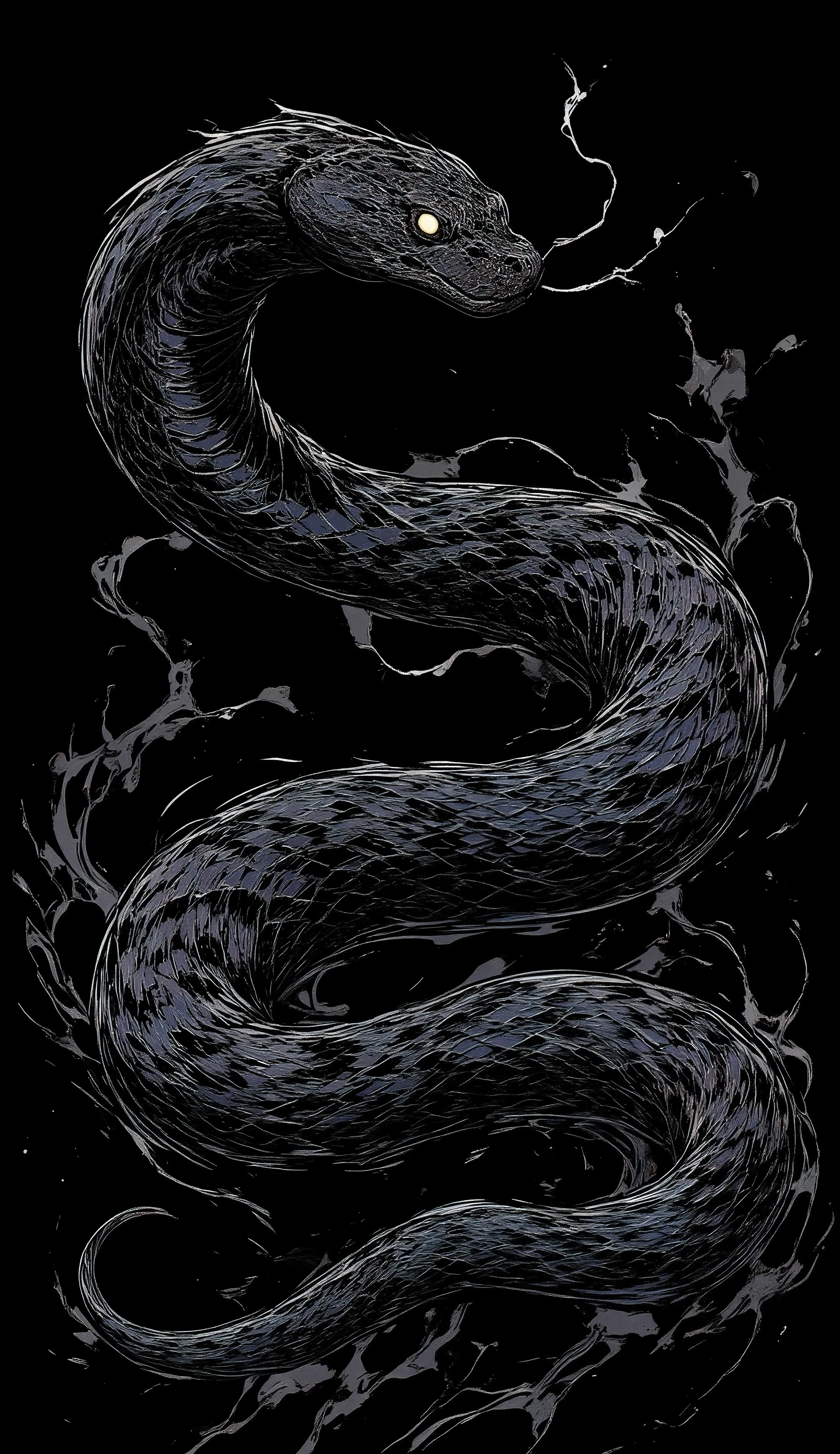 black、black、black、blackい背景、力強く勢いのあるblackい線画、blackの濃淡で表現する、Coiled Snake、Realistic whole、high detail、High Quality、high image quality、Osmudging Outline、流れるblack、masterpiece、Correct Body、
