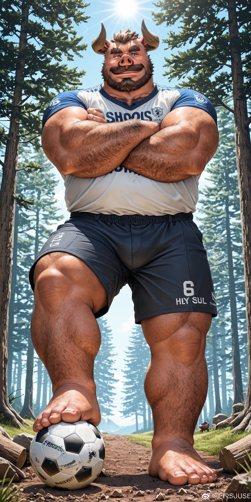 hairy, Boar pig, has horns,gordo, thick arms, strong muscles ,Fat face , Black eyebrows,sky blue eyes,beard, ironic smile , chest and belly, Sunlight , He wears black shorts, arms have Maori tattoos, on one hand he holds a back, she's in a forest, is standing but places one foot on top of a ball that is next to it, thick legs, wide and thick feet, beard gruesa, Thick mustache, expression would be, one of your feet steps on a soccer ball, (left foot on top of a soccer ball) your foot is stepping on the ball, foot on top of the ball, foot puts pressure on the ball, is barefoot, foot stepping on the ball, squeezes the ball with your foot