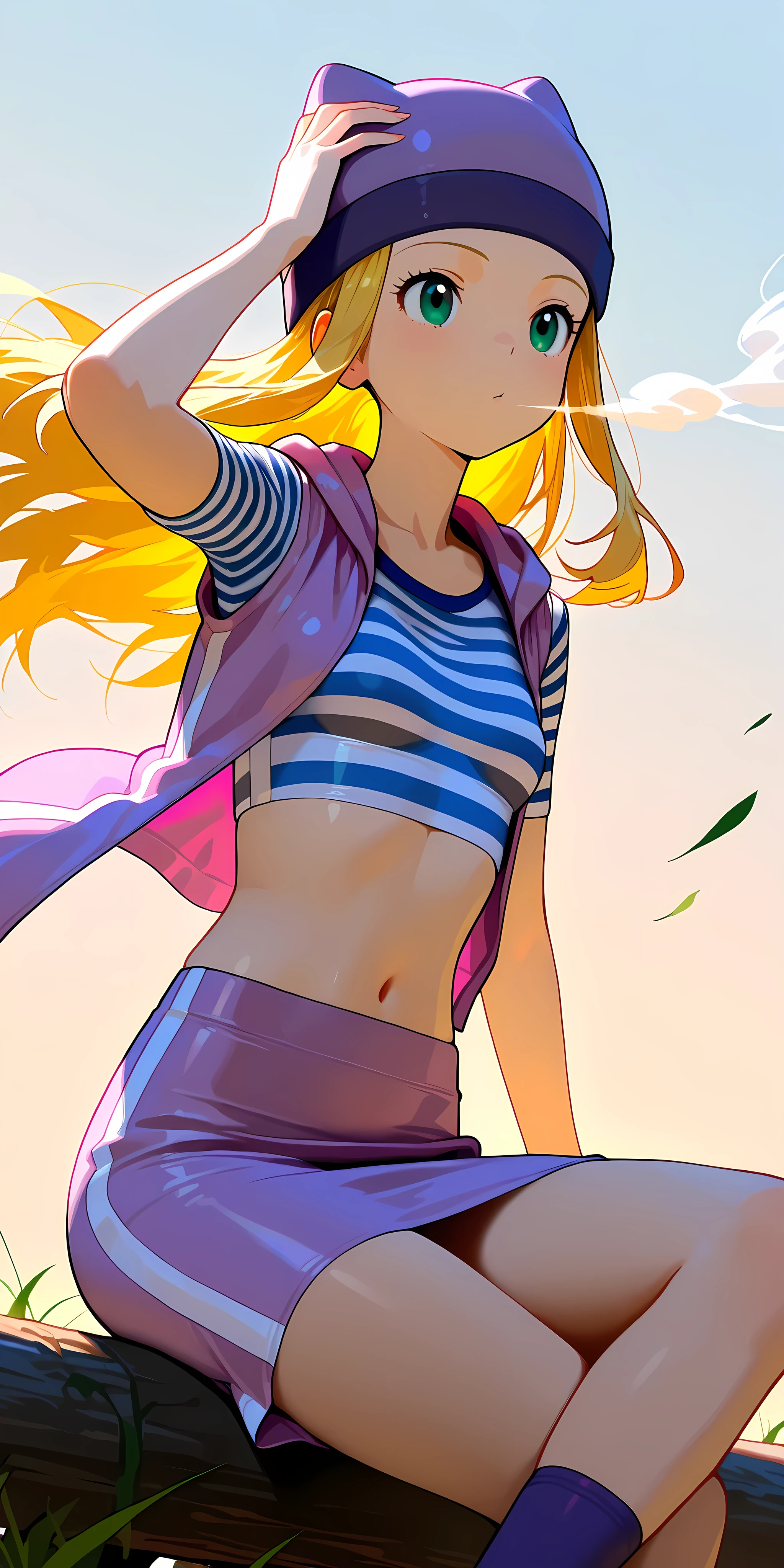 masterpiece, High quality, Ultra detailed, 2d, newest, absurdres, highres, BREAK 1girl, solo, upper body, izumi_orimoto, outdoors, wind blowing very strongly, long hair, blonde hair, hand on the head, green eyes, beanie, purple headwear, small , izumidef, short sleeves, purple vest, striped shirt, crop top, navel, purple skirt, straight skirt, purple socks, sitting on an edge, legs crossed