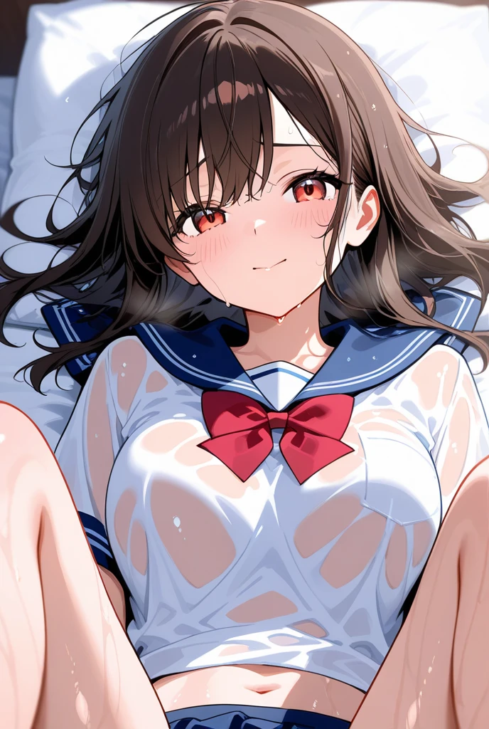 A woman is pushed down on the bed and looks embarrassed, on her back, wearing a sailor suit, ??????? visible, skirt pulled up for ???, panties visible, ???????????????????, ?????? face,POV, mouth wide open and screaming, face Blushing, pleasure face,Don't take pictures of men