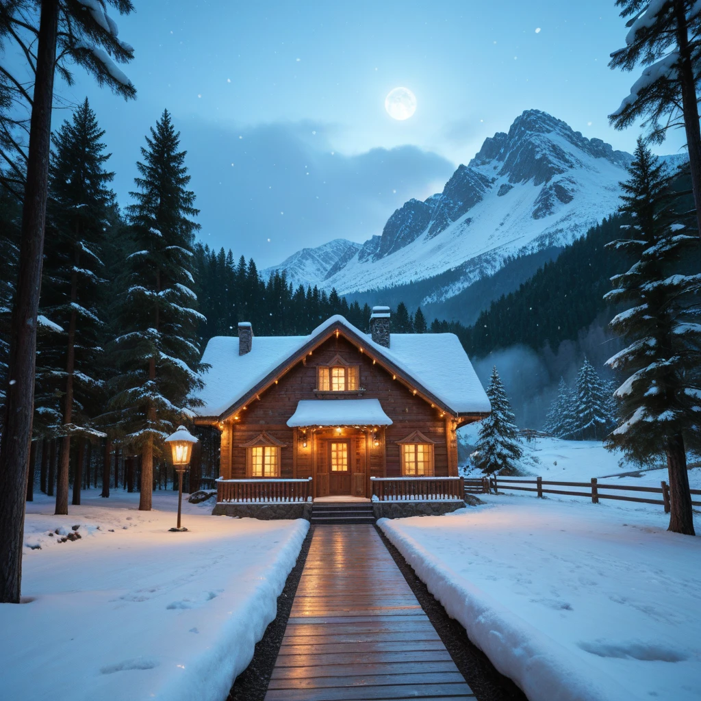 Imagine yourself in a rustic cabin in the heart of a dense, quiet forest. The room is large and the walls are made of sturdy logs of wood, cujos tons terrosos trazem consigo o aroma da natureza. Em um dos cantos do quarto, uma lareira de pedra emite uma luz dourada e cintilante, proposing a contrast with the darkness that begins to settle outside. The dancing flames illuminate the room with a glow that oscillates between amber and orange, and you can hear the soft snap of the wood as it burns.

Ao se aproximar da janela, The panorama is a spectacle apart. O vidro frio ao toque permite ver uma floresta coberta por um manto branco e luminoso de neve. every tree, com seus galhos robustos e folhas persistentes, It is decorated with layers of fresh snow. A lua, em sua plenitude, It casts a silver glow over the landscape, fazendo com que a neve brilhe levemente, like thousands of diamonds strewn across the ground.

In the silence of the night, All that can be heard is the whisper of the wind among the trees and the occasional snap of a branch under the weight of the accumulated snow. It's a scene of tranquility, beleza e serenidade, onde a natureza e o abrigo se encontram em harmonia.
