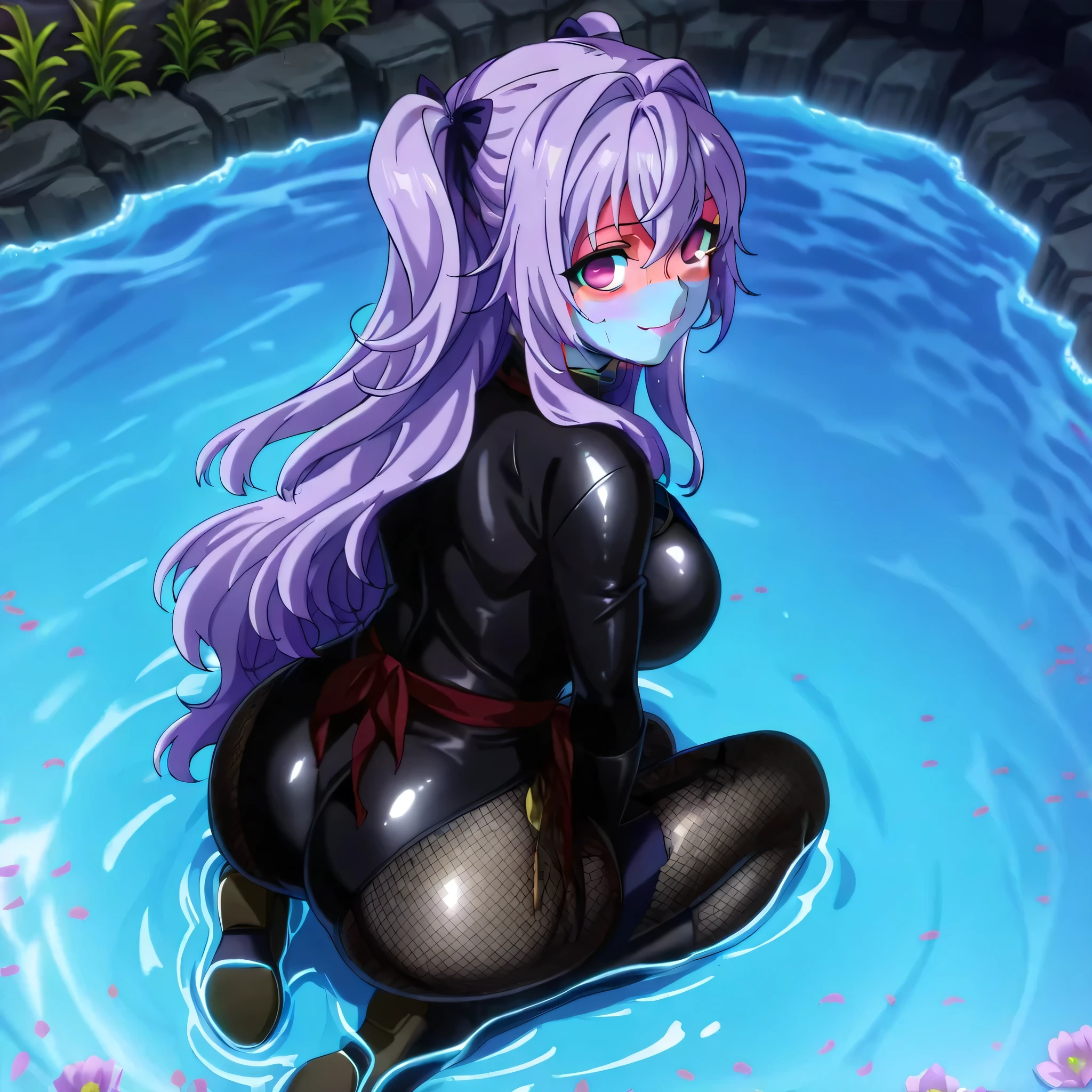 (((Masterpiece))), (((Best Quality))), ((Super Detail)), ultra-High resolution, score_9,score_8_up,score_7_up,score_6_up,score_5_up,score_4_up, BREAK, source_anime, anime screencap, uncensored, Masterpiece, (best shadow), (absurdres), (detailed background), (very aesthetic), detailed beautiful eyes, outstanding, an exquisite animation illustration, curvy, highres, shiny clothing, dark persona, empty eyes, blank eyes, shocker, black leotard, latex elbow gloves, brown fishnet pantyhose, (((blue skin))), colored skin, red sash, makeup, (((solo, 1girl))), hair ornament, seductive pose, submissive pose, anime style, anime coloring, animification, megami magazine, sexy pose, dynamic angle, cinematic angle, dutch angle, dynamic composition, large breast, latticenail (ansatsusha de aru), long hair, purple hair, twin tails, hair ribbon, hair intakes, hair between eyes, sidelocks, purple eyes, fang, cute, cute pose, cute smile, ass, from back, from behind, looking from back, view from back, wink, looking from above, view from above, from above, glowing water, night, night scene, petals, flower, flower petals, moon, starry sky, wink, closed mouth, in water, wet body, wet skin, wet hair, soak, sweat, partially submerged, submerged, full body, looking back, looking at viewer, sideways glance,