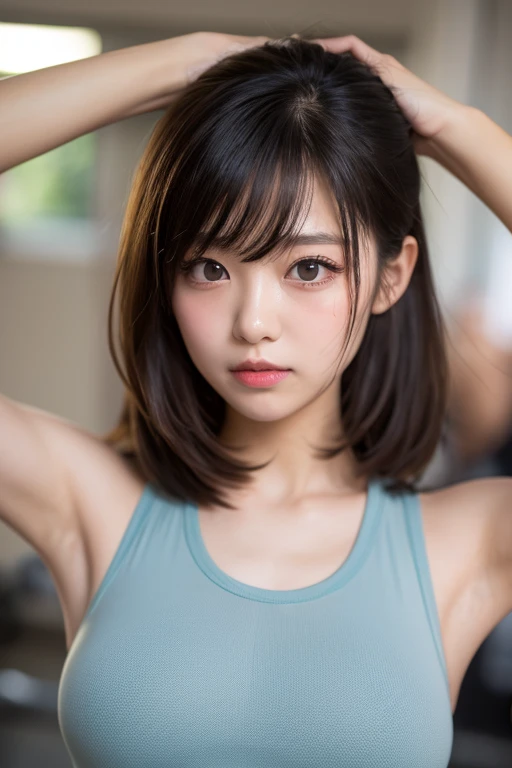 ((highest quality, 8K, masterpiece :1.3)), 1 girl, A cute woman who emphasizes her slender abdominal muscles :1.3, (random hairstyle :1.2), oversized tank top :1.2, super detailed face, fine eyes, double eyelid, armpit
