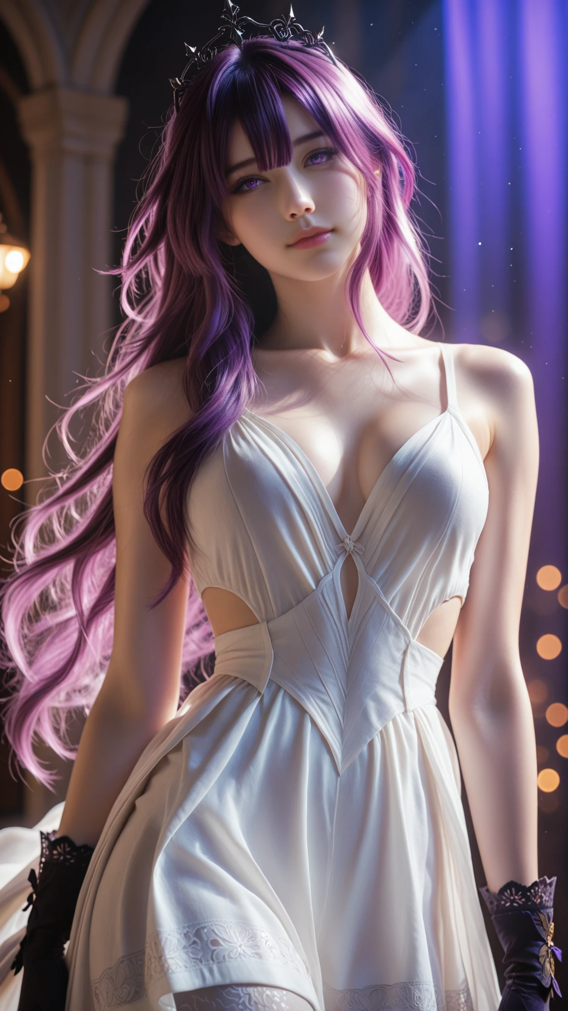 Irish woman, anime, cute, beautiful, high quality, night, 8k, long wavy light purple hair, green eyes, red lips, eyelashes, standing, dark room, white flowing dress, nightgown