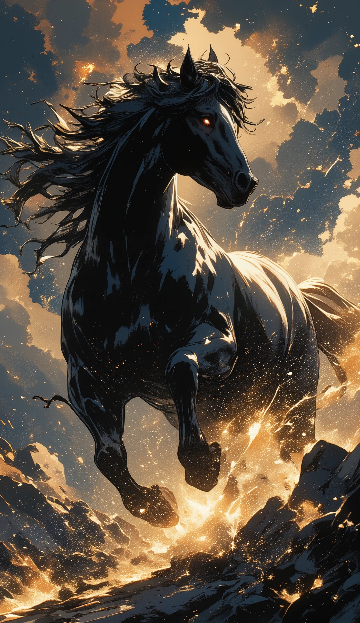 black、black、black、blackい背景、力強く勢いのあるblackい線画、blackの濃淡で表現する、A dynamic horse、 backlight shines、Realistic whole、high detail、High Quality、high image quality、Osmudging Outline、流れるblack、masterpiece、Correct Body、Flowing mane、Horses howling into the sky