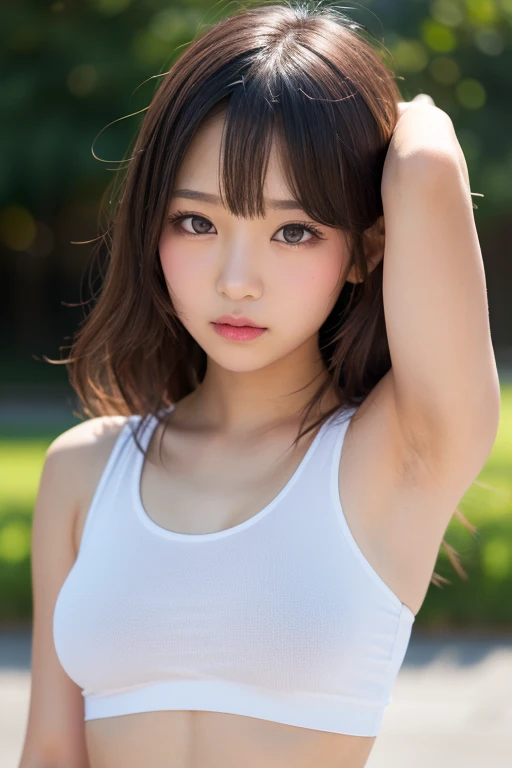 (masutepiece, Best Quality:1.2), violaceaess, rosaceaess, Delicate girl, Beautiful face, 8K, Official art, Raw photo, unbelievable Ridiculous, 85mm Portrait, Upper body, (Close up face:0.8), (tight outfit:1.6), (White tennis clothes:1.5), ((small head)) nedium breasts, Cinch West, Looking at Viewer, , (arms behind back, Empty-handed:1.4), arching back down, Thin arms, thin waist, Stylish, Sophisticated, face lights, clear lighting, Film grain, chromatic abberation, Sharp Focus, Shiny skin, Smile, Tennis Field, (Bokeh background:1.2), Simple background、(Sheer:1.5)、( :1.5)、((Smaller chest))