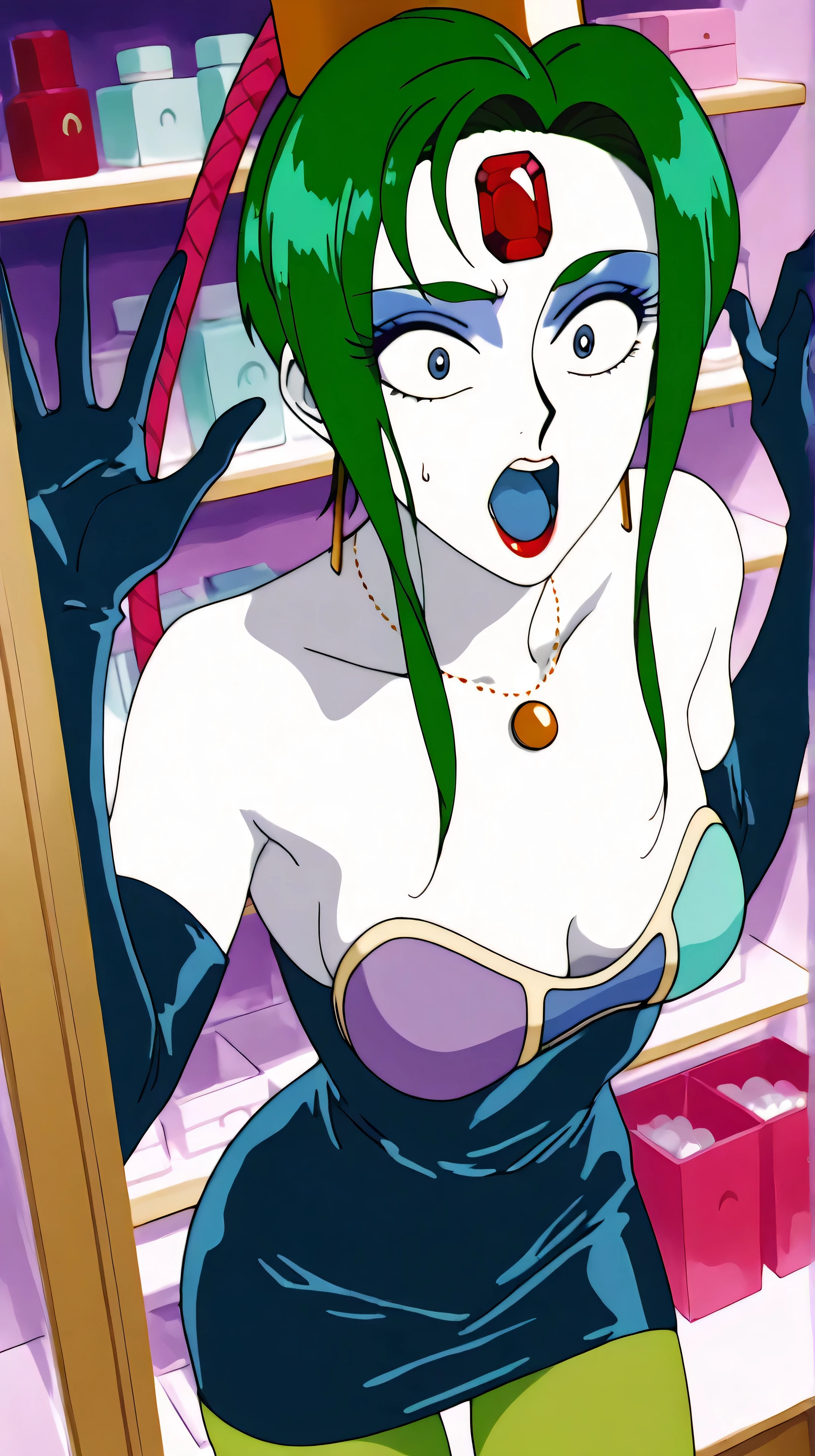 score_9,score_8_up ,score_7_up ,so pretty:5.0, masterpiece, High Definition, ,she has a perfect face:5.0, very cute face, full nude :5.0, retro anime style, , heavy makeup:9.0 , green hair, white skin:5.0 , Red jewel on forehead, red lipstick, big bright blue eyes, very surprised expression , , , , gold round necklace with raised hands, Slightly slim, normal size chest ,顔up,without nipples, very large eyes, Very dark eyeliner, cosmetic shelf, Wide Open Mouth, Blue Tongue, very desperate face, very thick eyeliner, I look back at the store, I took a step back, I begged for my life, I'm scared, top angle, white cosmetics store shelf, dark blue latex bodycon dress, green pantyhose, dark blue super long gloves, gold cap with red hose