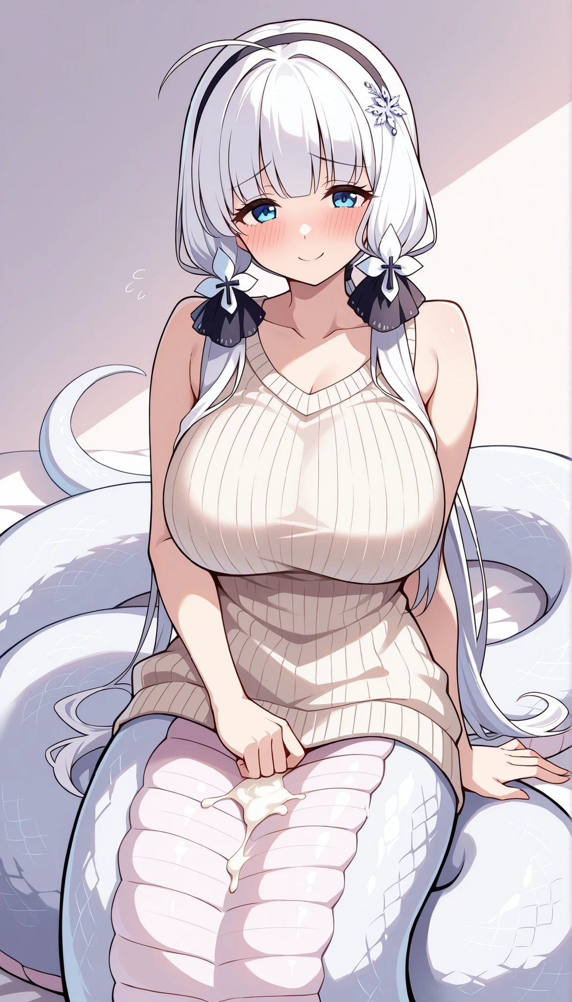 (Fraction_9, Fraction_8_Up, Fraction_7_Up), (masterpiece after sex), ( best quality ),( All five fingers ),(masterpiece),high-resolution,
1 girl,illustrious, , white sleeveless sweater , big boobs, collarbone, blue eyes, Hair accessories , Hairband, long hair,White hair,
lamia, White Snake Tail ,Smile,shy, Full body picture