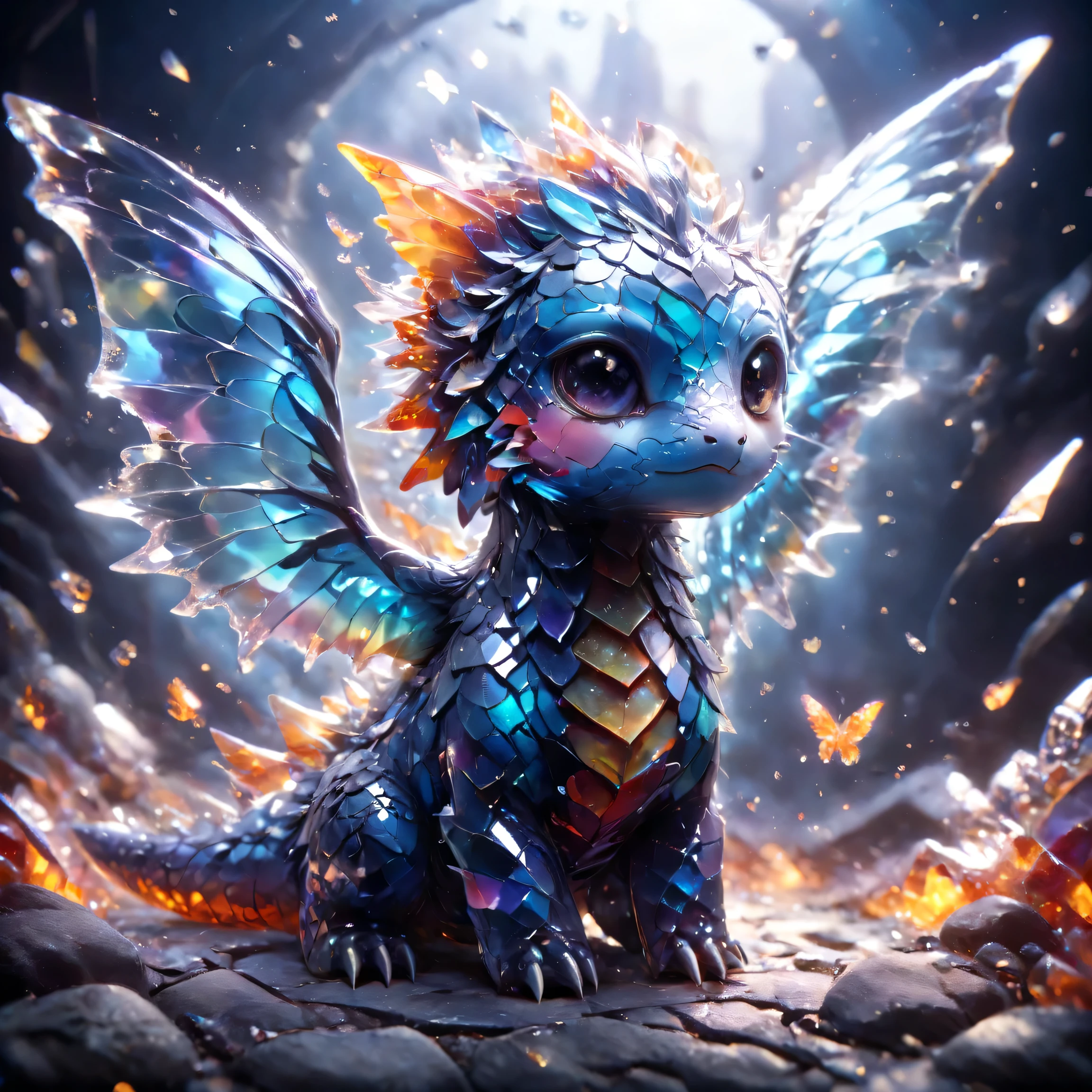ral-smoldragons, cute, small dragon, wings, nature in background, intricate details, butterflies, whimsical, fantasy, mysterious, colorful, glowing shards, glass, brocken glass, transparent glass, pieces of glass, Made_of_pieces_broken_glass
