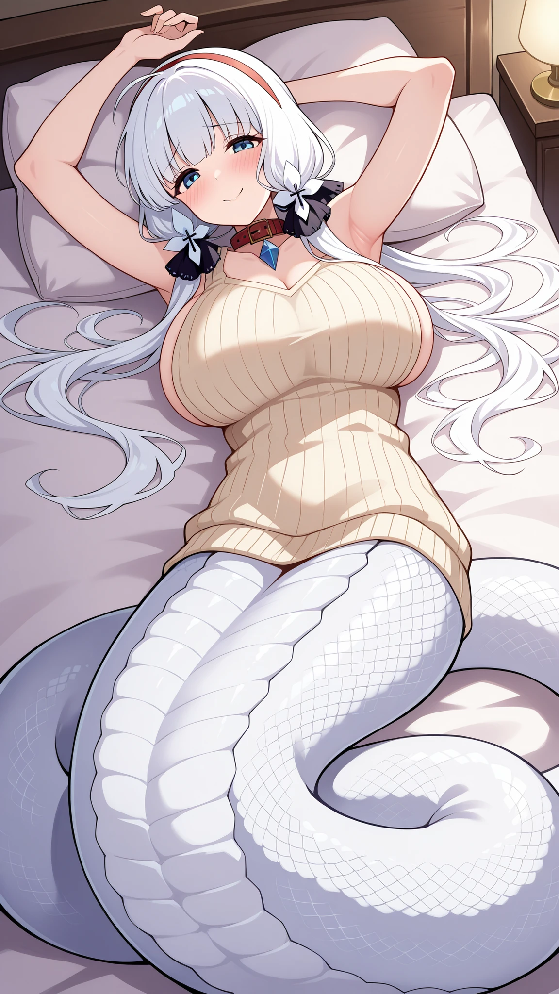 (Fraction_9, Fraction_8_Up, Fraction_7_Up), ( best quality ),( All five fingers ),(masterpiece),high-resolution,
1 girl,illustrious,white sleeveless sweater,red collar,big boobs, collarbone, blue eyes,Hair accessories,Hairband,long hair,White hair,lamia, White Snake Tail,Smile,shy,bedroom,You get,lying in bed,seductive posture,Armpits,full body photo of the grade