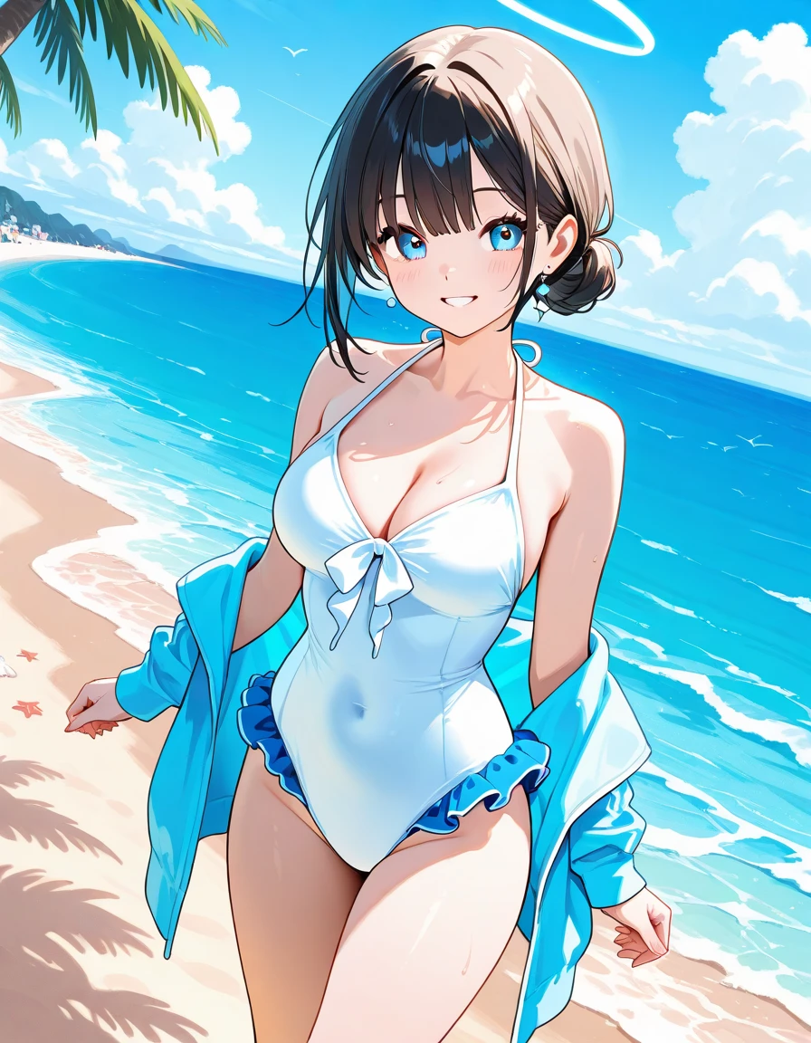 The ultra -The high-definition、high-level image quality、top-quality、Full feet and hands、complete fingers、Beautuful Women、1 persons、Bery short hair、A smile、White Sailor School Swimsuit、Summer Beach