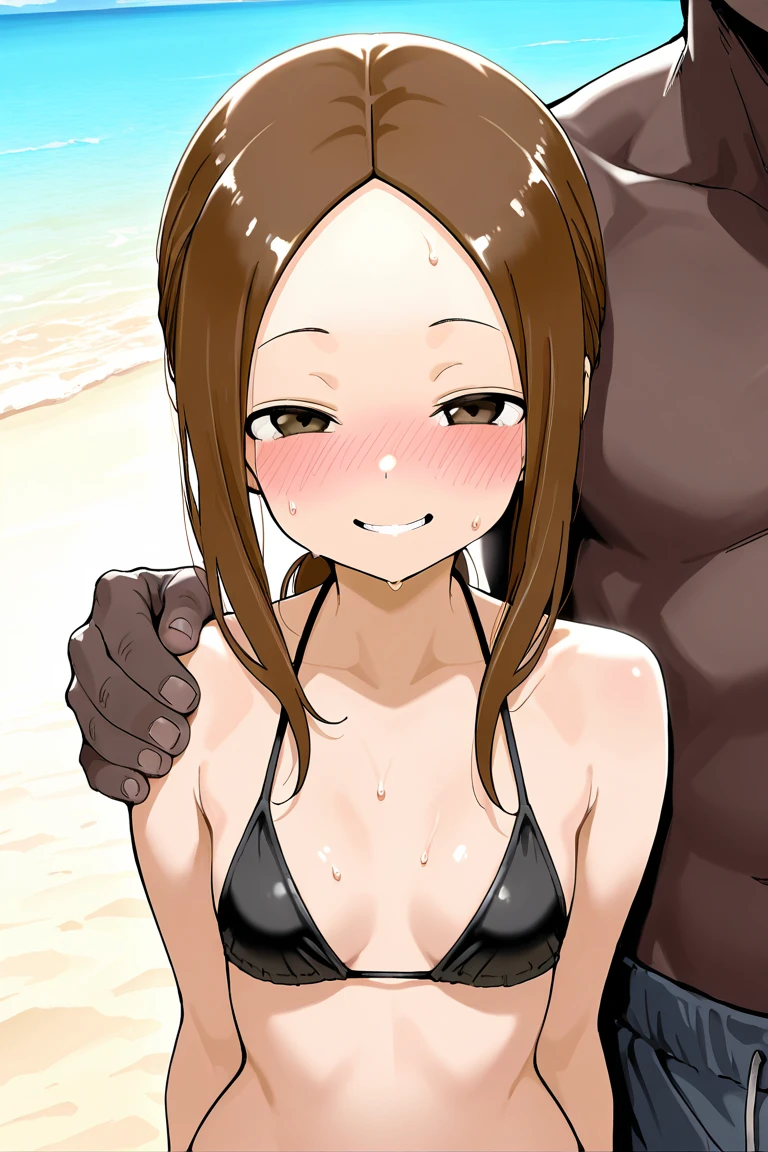 score_9, score_8_up, score_7_up, source_anime, 1girl, 1boy, netorare, ntr, cuck, cucking, cuckolding, ((cuckold pov)), interracial, dark_skinned_male, hutao, front view, ikuchan, outdoors, netorare,  ntr, smug, winking, breast grab, maledom, large male, size difference, standing side by side, beach, bikini, male head out of frame 