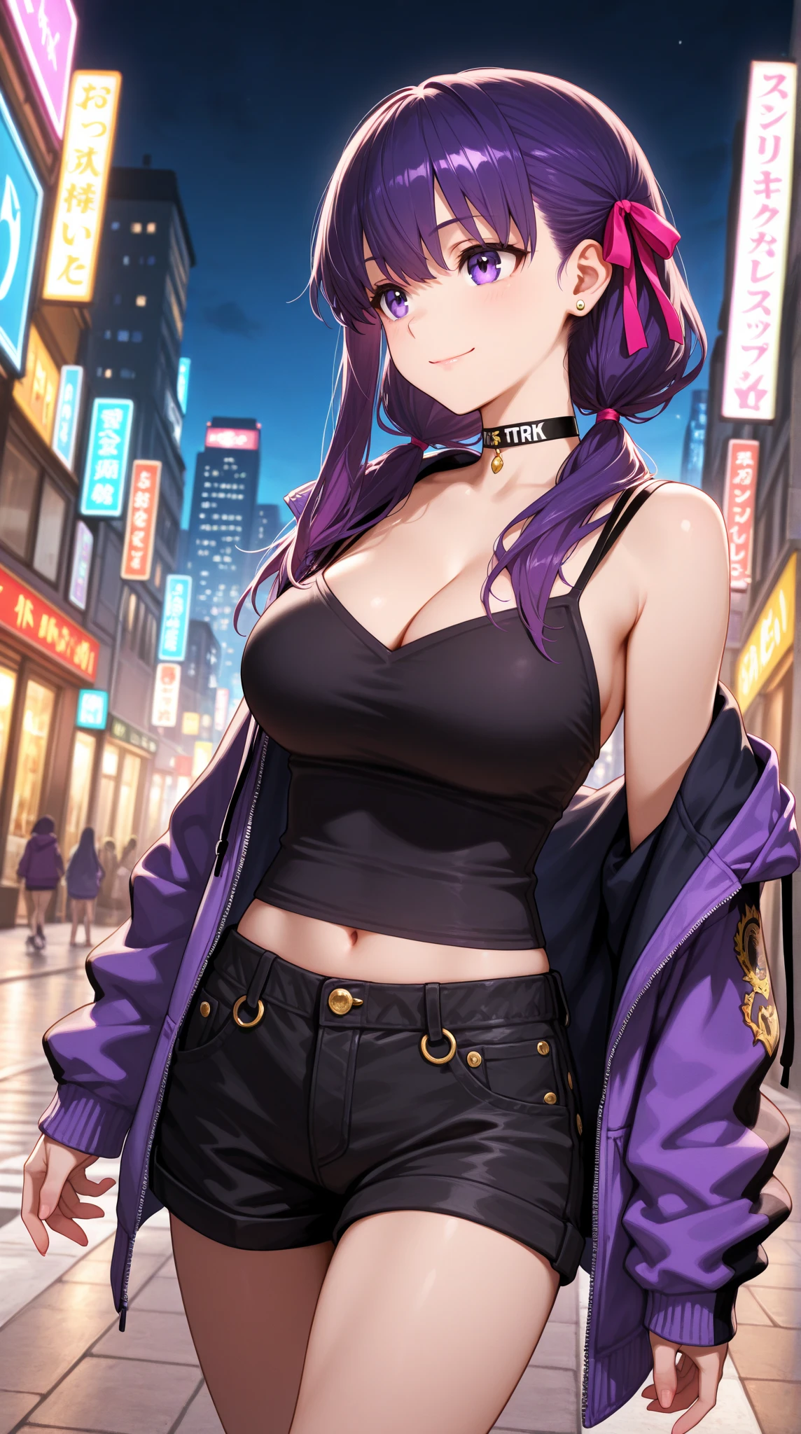 1girl,purple crop top,pleated skirt,purple hair,short hair,staircase