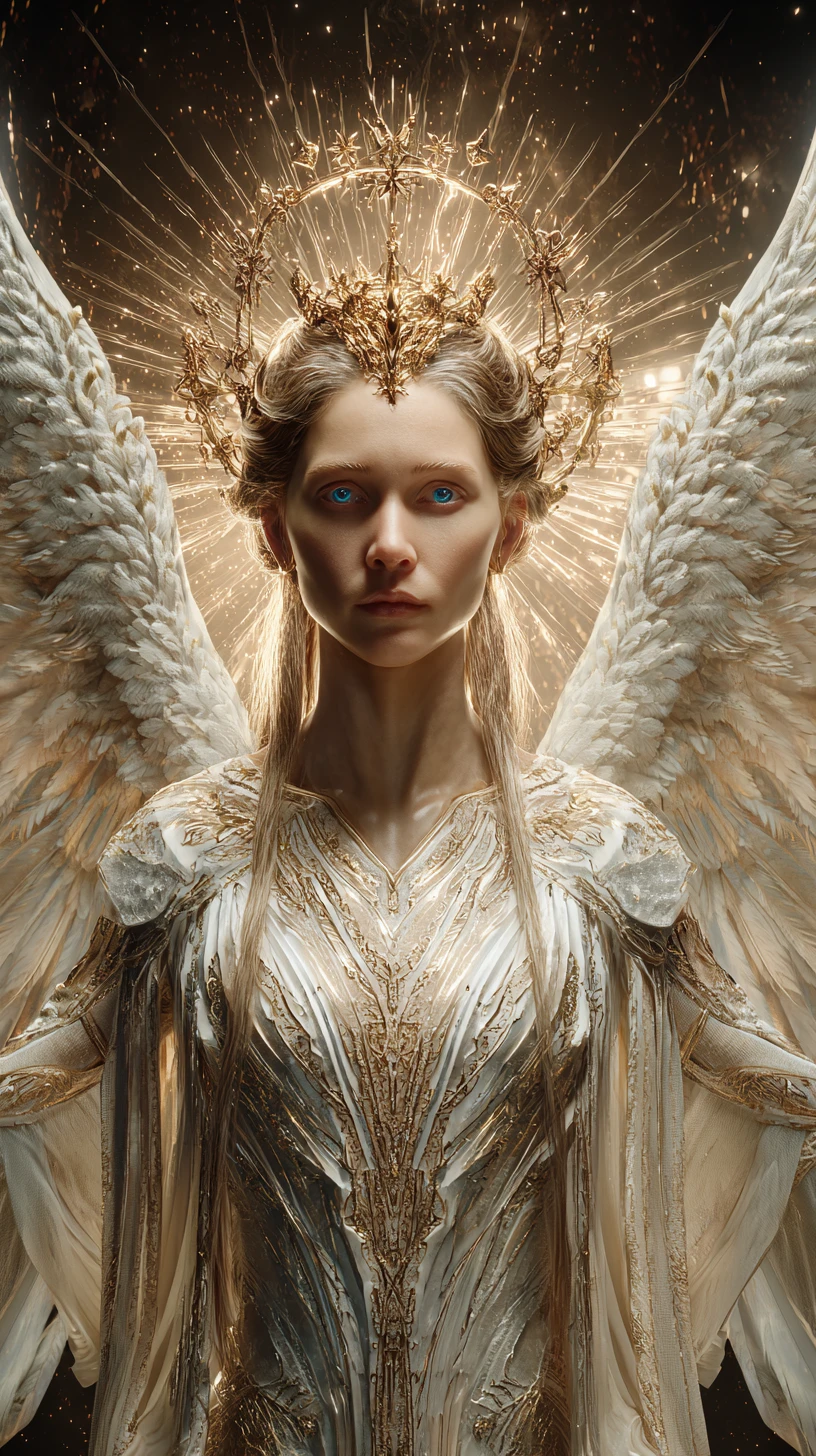 best quality,4k,8k,highres,masterpiece:1.2,ultra-detailed,realistic:1.37,guts,metatron,splendid,magnificent,portrait,sharp focus,professional,vivid colors,studio lighting,human,bones,radiant,angelic wings,glowing halo,detailed eyes,detailed lips,ornate armor,strong physique,heroic pose,dark background,contrast,sublime,powerful presence,metallic textures,ethereal,divine,mythical,heavenly light,colorful aura,striking composition