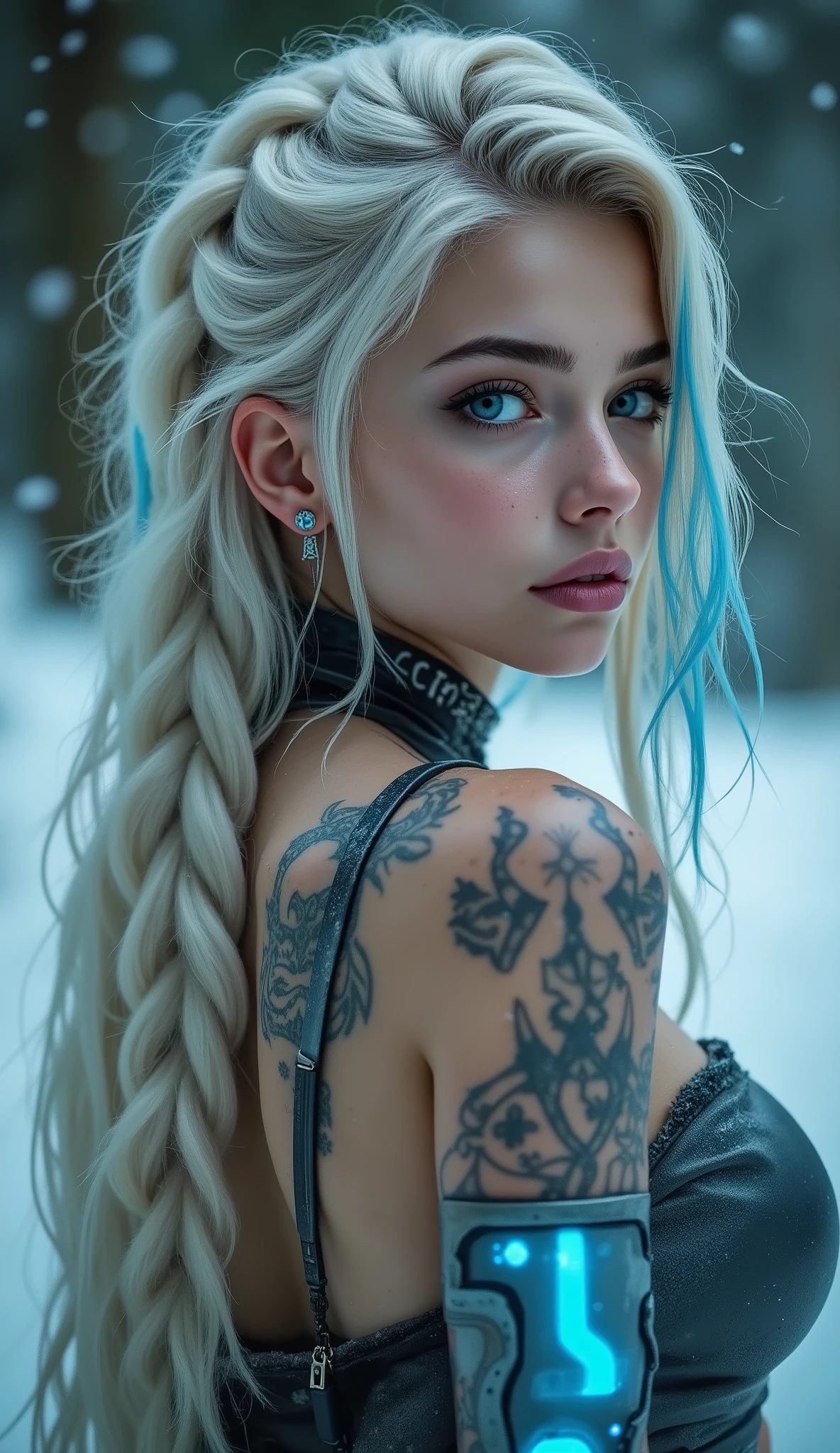 bokeh, depth_of_field, cyberpunk_background, outdoors, platinum blonde hair with icy blue streaks, long braided hair, viking rune tattoos on arms and neck, glowing blue cybernetic arm, fair skin with freckles, ice-blue eyes, detailed eye, norse pattern shoulder tattoo, bare shoulders, fur-trimmed cyber jacket slipping off, side view, looking towards viewer, from below, intense gaze, snow particles in air