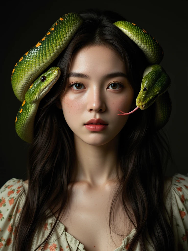 Woman with a red rose on her head, She has a snake around her neck, holding a large banana with one hand 
