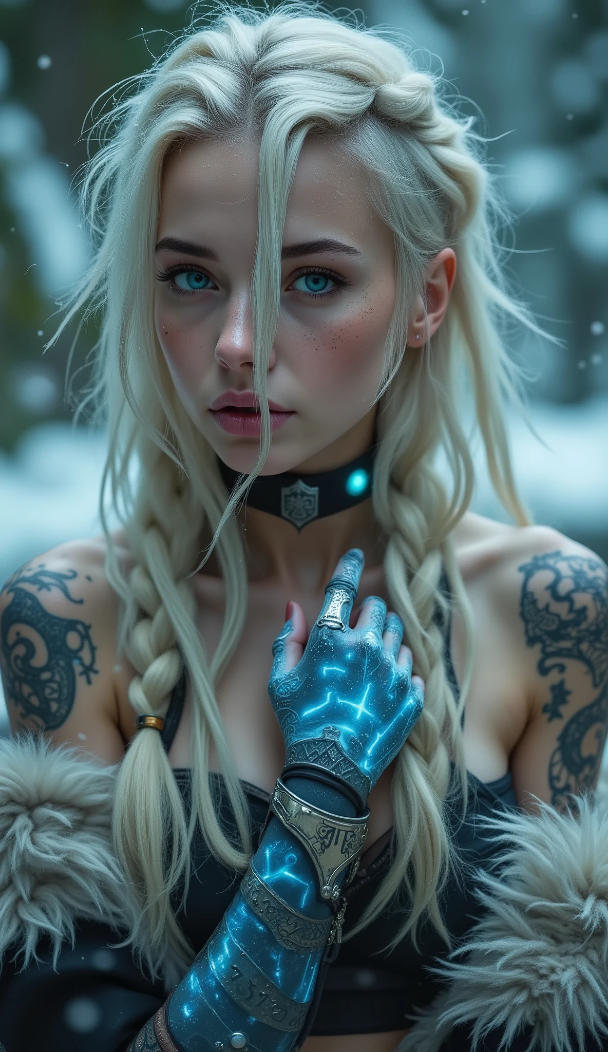 bokeh, depth_of_field, cyberpunk_background, outdoors, platinum blonde hair with icy blue streaks, long braided hair, viking rune tattoos on arms and neck, glowing blue cybernetic arm, fair skin with freckles, ice-blue eyes, detailed eye, norse pattern shoulder tattoo, bare shoulders, fur-trimmed cyber jacket slipping off, side view, looking towards viewer, from below, intense gaze, snow particles in air