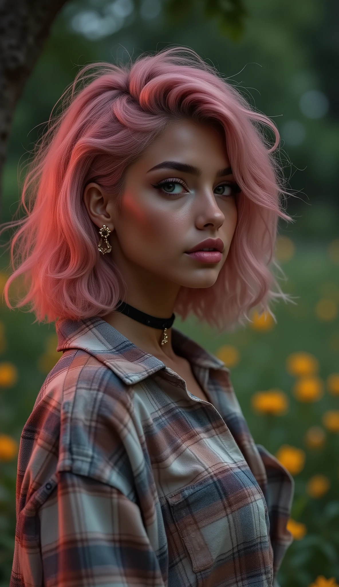 score_9, score_8_up, score_7_up, score_6_up, lazypos,art nouveau, flat colors, high contrast, pinup photo, cinematic still, soft lighting, volumetric lighting, depth of field,1 girl, curly hair, dress, solo, ((wide nose:1.3, black hair, neat auburn bobt:1.3)), ((long hair:1.2)), BREAK(black eyes), (lively sexy eyes, with eyelashes),(beautiful detailed eyes:1.2), (night time), enchanted meadow background:1.3). Her bright pink hair and 1:6, striking features are sharply rendered in vivid color,( open flannel shirt, panties visible, earrings, lipstick, thick lips, long eyelashes, eyeshadow, eyeliner, mascara), volumetric lighting, dynamic angle jab style, almond eyes, fully clothed, bold makeup, ebony, beautiful ebony debutante, sensual, black eyes, large sexy eyes, dark skin, ebony. dark-skinned-female, black girl, ebony girl, ebony woman, ebony, dark_skin, black, 1girl is african:1.8, coily african hair, wearing bows, large bust, narrow shoulders, narrow waist, nigerian nose, eyeshadow, bokeh, Lomo, dof, ((high definition, detailed, intricate, fujifilm xt3, dslr, 50mm, lens flare)), (at night:1.2), bokeh, Ilford Delta 3200 film, dof, high definition, intricate, film grain, OverallDetail,authentic ,baddiecore,melanin,ultra-realistic,ultra-hd-details,