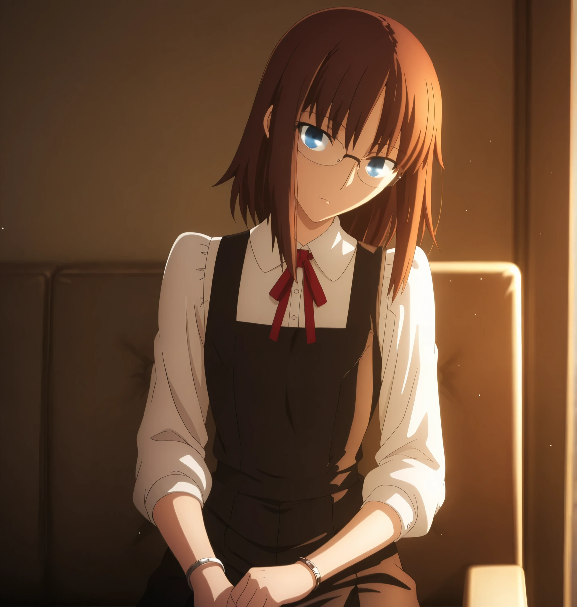 ufotable style ,masterpiece,best quality,good quality,newest, 8k, , from above,
indoors ,((cinematic light, sunlight, backlight)), (sitting ), (,detailed background, luxury hotel room),, , 
expressionless, ,
looking at viewer, ((head tilt)), bracelet, , ,(hair over eyes:0.7),wispy bangs,
solo,
(anime coloring, anime screencap), 
fate heaven`s feel official style, 1 mature girl, (brown hair),(medium hair, long sidelocks), (blue eyes),(frameless glasses),slim long arms,(flat chest),(tall girl, aged up, :1.31),
cowboy shot, , ,
(short jumper skirt, , mini pinafore, micro jumper, seifuku),neck ribbon, narrow ribbon ,