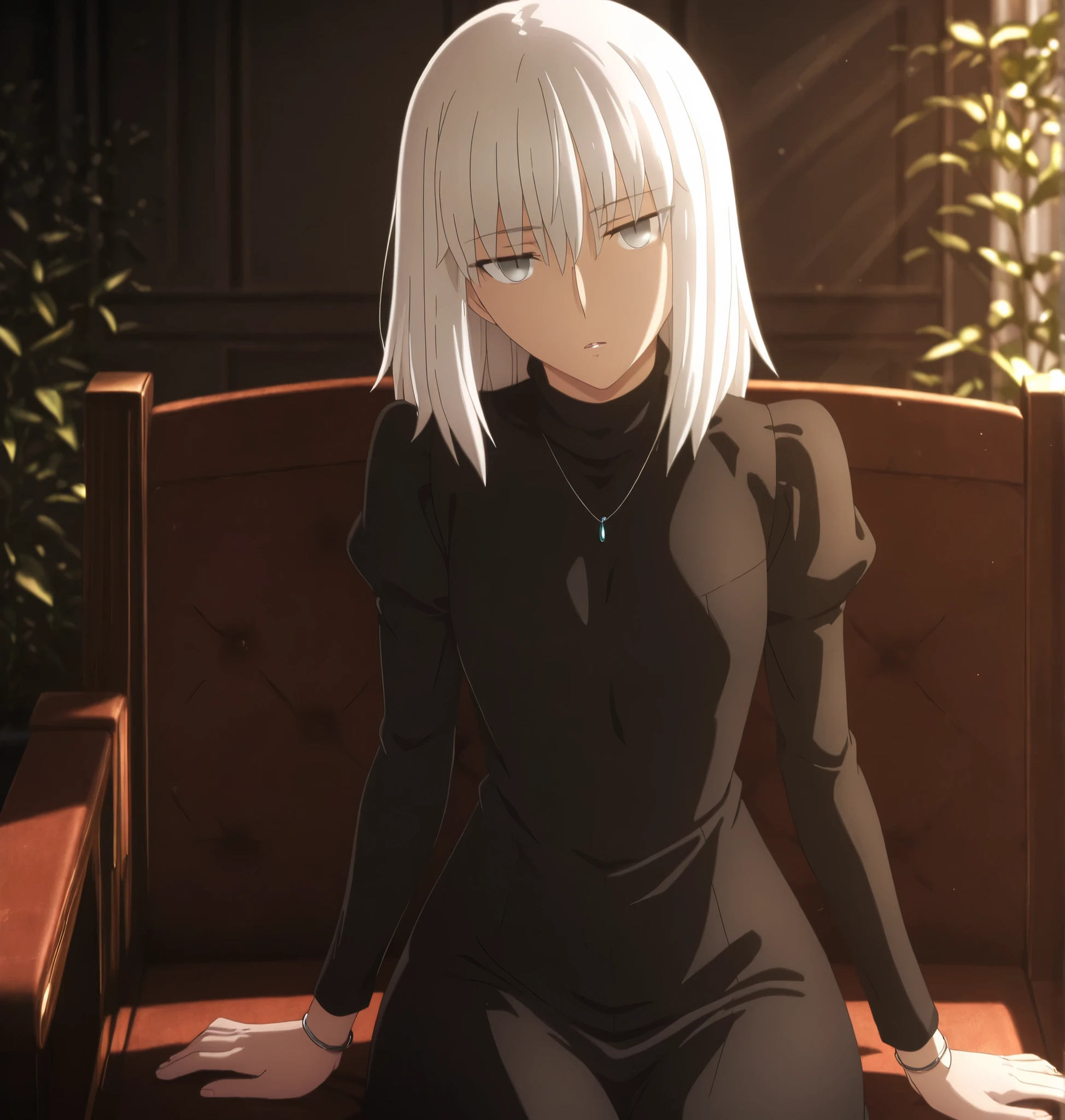 ufotable style ,masterpiece,best quality,good quality,newest, 8k, , from above,
indoors ,((cinematic light, sunlight, backlight)), (sitting ), (plant ,detailed background, mansion),parted lips, , 
expressionless,
looking at viewer, head tilt, bracelet,  ,(hair over eyes:0.9),wispy bangs, long bangs,
solo,
(anime coloring, anime screencap), 
fate heaven`s feel official style, 1 mature girl, wolf cut hair,(white hair, ),(medium hair, ),(tsurime ,jitome), (light gray eyes),slim long arms,(small chest),(tall girl, aged up, :1.31),
cowboy shot, , ,
(black turtle neck, sweater, long-sleeve),black long dress ,