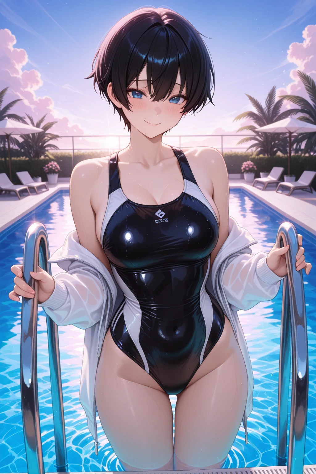 masterpiece, best quality ADDCOMM
1girl, (short hair), (( leotard)), poolside, squatting, , BREAK
((black)) hair ADDROW
((high neck)), leotard BREAK
