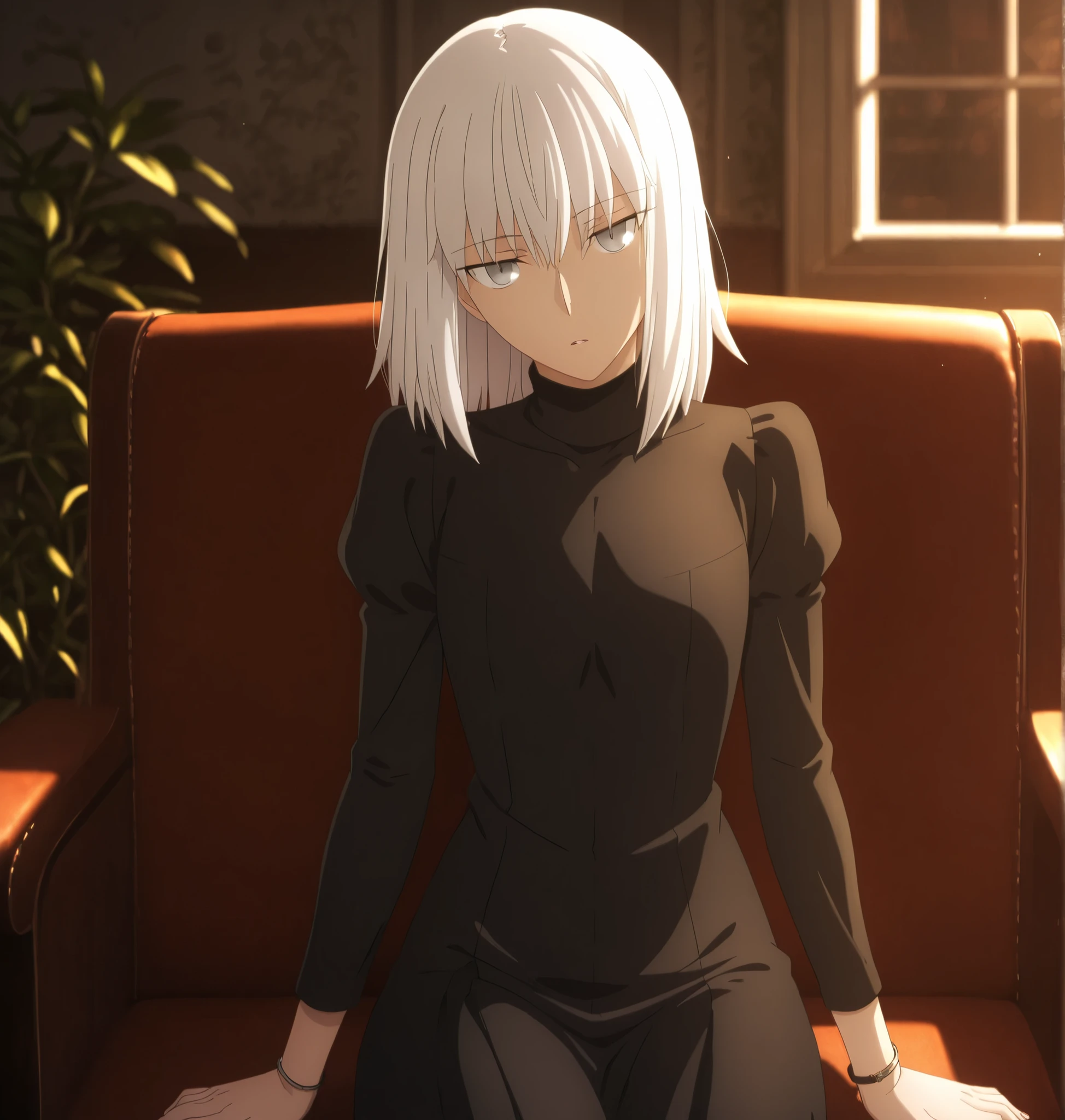 ufotable style ,masterpiece,best quality,good quality,newest, 8k, , from above,
indoors ,((cinematic light, sunlight, backlight)), (sitting ), (plant ,detailed background, mansion),parted lips, , 
expressionless,
looking at viewer, head tilt, bracelet,  ,(hair over eyes:0.9),wispy bangs, long bangs,
solo,
(anime coloring, anime screencap), 
fate heaven`s feel official style, 1 mature girl, wolf cut hair,(white hair, ),(medium hair, ),(tsurime ,jitome), (light gray eyes),slim long arms,(small chest),(tall girl, aged up, :1.31),
cowboy shot, , ,
(black turtle neck, sweater, long-sleeve),black long dress ,