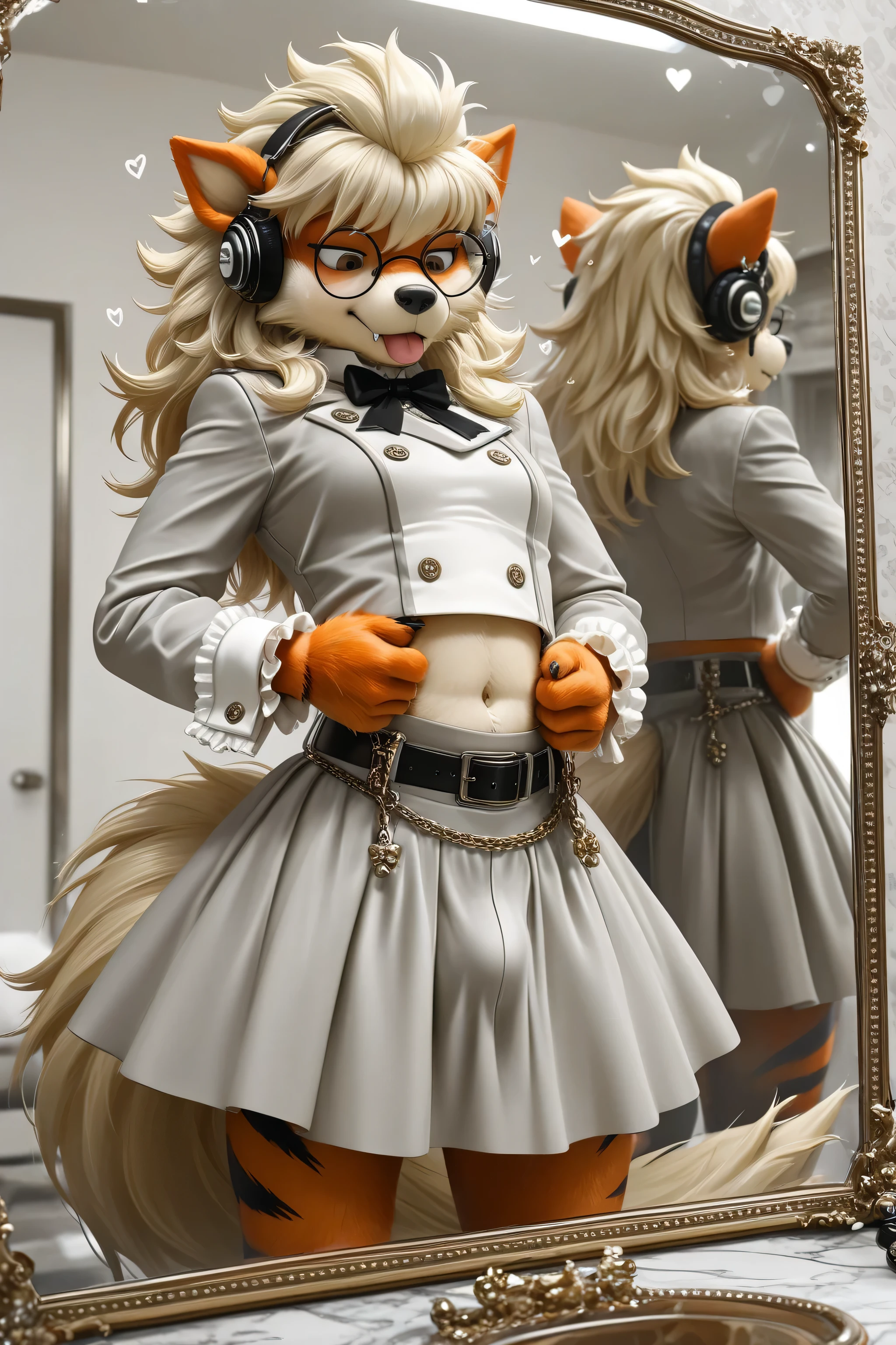 Elegant Pokémon effeminate arcanine ,soft frilled shirt,long hair,fabric detailed skirt,large bulge appearance on the skirt ,looking at down,eyes down,long sleeves,hearts, bow, solo, clothes room,stylish outfits,clothes details,clothes textures,feminine office outfits and suits ,long tiewith details ,bulge details,fingers details,cgi,deep image rendering,high quality outfits textures,buttons details ,bulge appearance,buttons detailed ,4k upscale,high quality textures ,perfect upscale ,solo, He looks at his body with admiration،eyes down, feminine moves and behaviors, long and soft hair,elegant feminine outfit, perfect crossdressing appearance, very realistic Furry face,tail appearance,eyes details, improve face textures details deeply, rings,earrings,manly arms, rough and strong manly hands,He looks at his bulge carefully,hot breathing, fluffy cheeks, looks very busy, deep details of clothes textures fabrics,he feeling phenomenal after wearing femmine outfit,feminine clothes fetishism,modern design clothes,charismatic Furry,realistic colors, 4k upscale,high quality details,character best detailing,male furry body features,He looks very fashionable ,soft coquette,gender identity disorder, handsome effeminate furry,crossdressing ideas fashionable,beautiful effeminate furry,wearing clothing pose,He carefully,feminine Chest appears prominent, very wide waist, rough face, frilled cuff with details, burgundy hair color, mirror appearance, wearing front the mirror, realistic reflection of mirror,small fangs, brave aura, eyeliner, pulling up the sleeves, optimistic face,headphones, little tigh skirt, sexual disguise, silly male, silly tongue, self proud,chains on the outfits, belt,Artificial female breast, bussniss lady, student girl uniform, feminine glasses, shadows, leg, realistic Wrinkles detailing textures of the outfit, hands on waist, such a perfect stomach, bellybutton details, sexy as hell