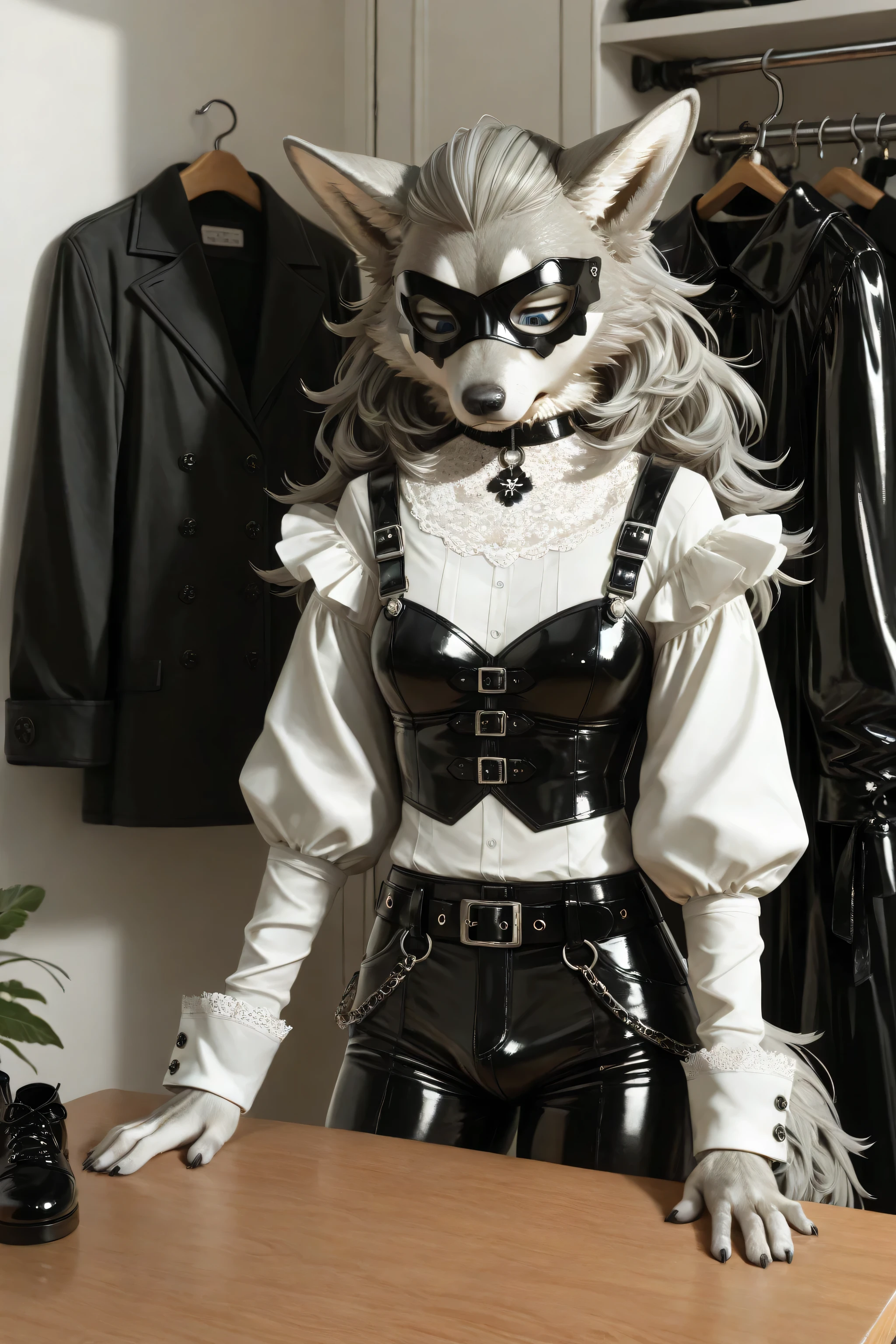 Sexy Masquerade Mask, Furry wolf male ,short frilled gray shirt,bulge, short hot temptation short skirt, looking at down, eyes down, softly long sleeves,long tie ,solo, clothes room with deep image rendering ,feels uncomfortable with feminine clothes , little grouchy, upset, stylish outfits,clothes details, furry wolf wearing feminine clothes, realistic clothes textures, Wrinkles on clothes and outfits, cheeks detailing, eyes deep detailing, shoulders detailing, realistic colors, closet, many clothes in background , closet details, clothes textures details, stylish outfits, crossdressing ideas fashionable ,beautiful hair, temptations clothes, hanging clothes, furry male, realistic hair textures, realistic outfits and clothes textures, handsome,bulge detailing, elegant outfits, elegant Furry young wolf, fine design outfit,male face features Furry very clearly , soft clothes, self-confidence, goth belt, fancy clothes, fancy fashion, chains on the outfits, girly accessories, blue and gray outfit, male waist, long hair, long belt,examining him own outfits, gorgeous design outfit, focus on eyes details, improve eyes quality details, embarrassing behaviors, Victorian females clothes, furry fingers detailing, It looks very focused appearance, wearing outfit pose, very realistic outfits and clothes textures, very realistic hair textures, He arranges his clothes,He seems to be buttoning up his clothes,focusing on the position of buttoning up clothes, loose belt, Feeling ashamed of his clothes, dissatisfied, forced to wear, very tasteful feminine clothes, suffering appearance, Artificial female breast, sexual disguise, bulge appearance, super hot,Forced to appear feminine, Physical behaviors that indicate discomfort, perfection, bulge detailing, strong and rough hands, endless elegance, he taking attention for him own outfits, feminine coat, feminine collar, naked shoulder with temptations,wear leather heels on table, leg on the table