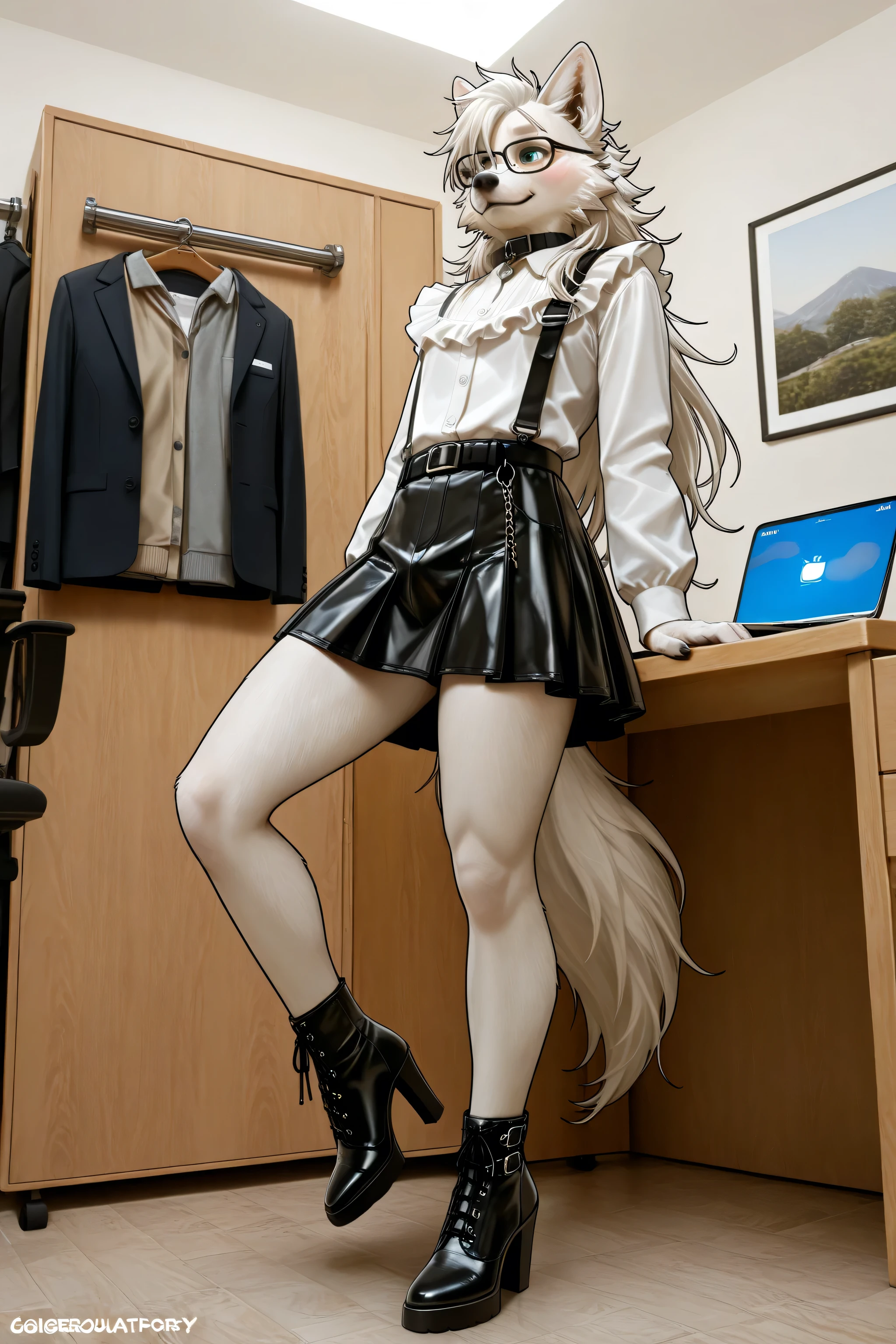 effeminate Furry adult wolf male ,short frilled shirt,bulge, hot temptation short frilled skirt, looking at down, eyes down, softly long sleeves,long tie,solo, clothes room with deep image rendering ,feels comfortable with feminine clothes ,stylish outfits,clothes details, realistic clothes textures, Wrinkles on clothes and outfits, cheeks detailing, eyes deep detailing, realistic colors, closet, many clothes in background , closet details, clothes textures details, stylish outfits, crossdressing ideas fashionable, temptations clothes, hanging clothes,realistic hair textures, realistic outfits and clothes textures, handsome,bulge detailing, elegant outfits, fine design outfit,male face features Furry very clearly , soft clothes, fancy clothes, fancy fashion, chains on the outfits, male waist,manly long hair, long belt,gorgeous design outfit, focus on eyes details, improve eyes quality details, furry fingers detailing, It looks very focused appearance, wearing outfit pose, very realistic outfits and clothes textures, very realistic hair textures, He arranges his clothes,He seems to be buttoning up his clothes,focusing on the position of buttoning up clothes, loose belt,small Artificial female breast appearance , sexual disguise,bulge appearance, super hot, bulge detailing, strong and rough hands, endless elegance, he taking attention for him own outfits, feminine collar, wear leather heels with straps on table,one leg on the table, buttons with details,net legs,close up, manly legs, thick legs, sissy, fag, affection eyes, cute smile, satisfying, 190cm length body, coquette by heels, realistic measuring of character body, shadows, sharp looks, manly eyes, women office suits outfit, soft coquette, late for work, business lady style, big face, big feet's, laptop working on it, manly energy, focus on legs beuty, focus on heels, increasing the legs textures, glasses, focus on body directly
