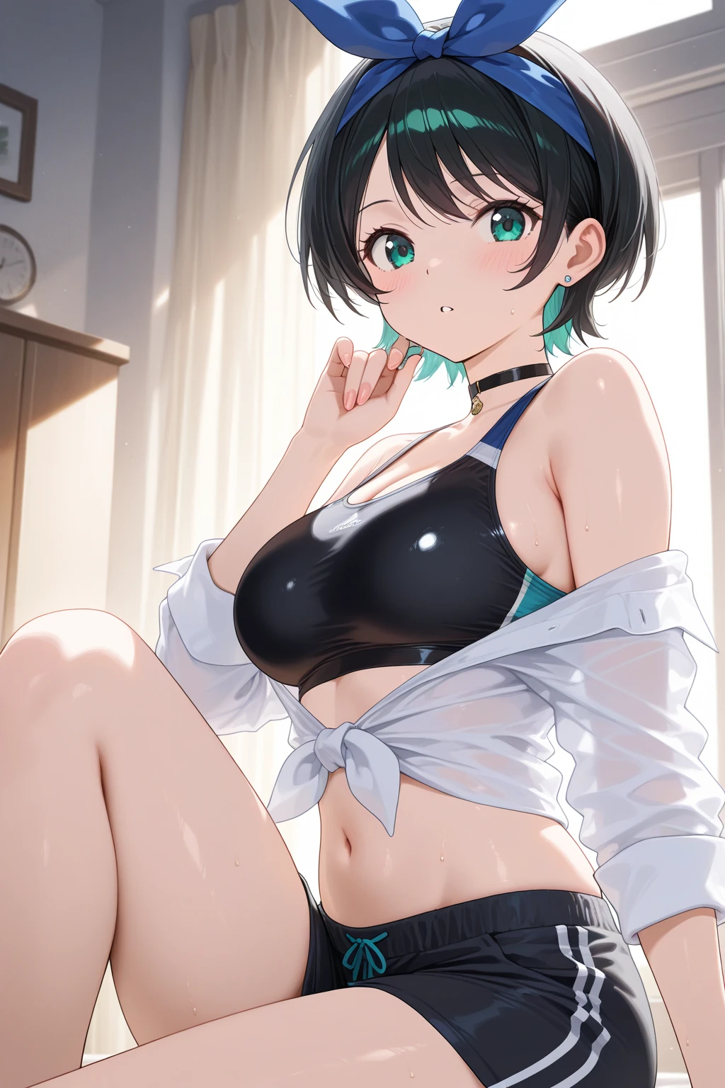 top-quality、supreme１People Girls,hightquality,A detailed face、A detailed eye、Detailed nose、Detailed mouth、 Beautiful expression, ((masuter piece)), ((High resolution)), ((Best Quality)), detail, (:1.4 ,With a disgusting face,Glaring at this), ((Skin shiny with sweat)), (Yoga Wear:1.2)、 girl with,red hairs, (short-hair)、sit down and :1.3、fair white skin:1.3、、large full breasts, cinmatic lighting, perfectly shaded,(((dark storeroom))), Realistic lighting with shades,Reflecting the whole body