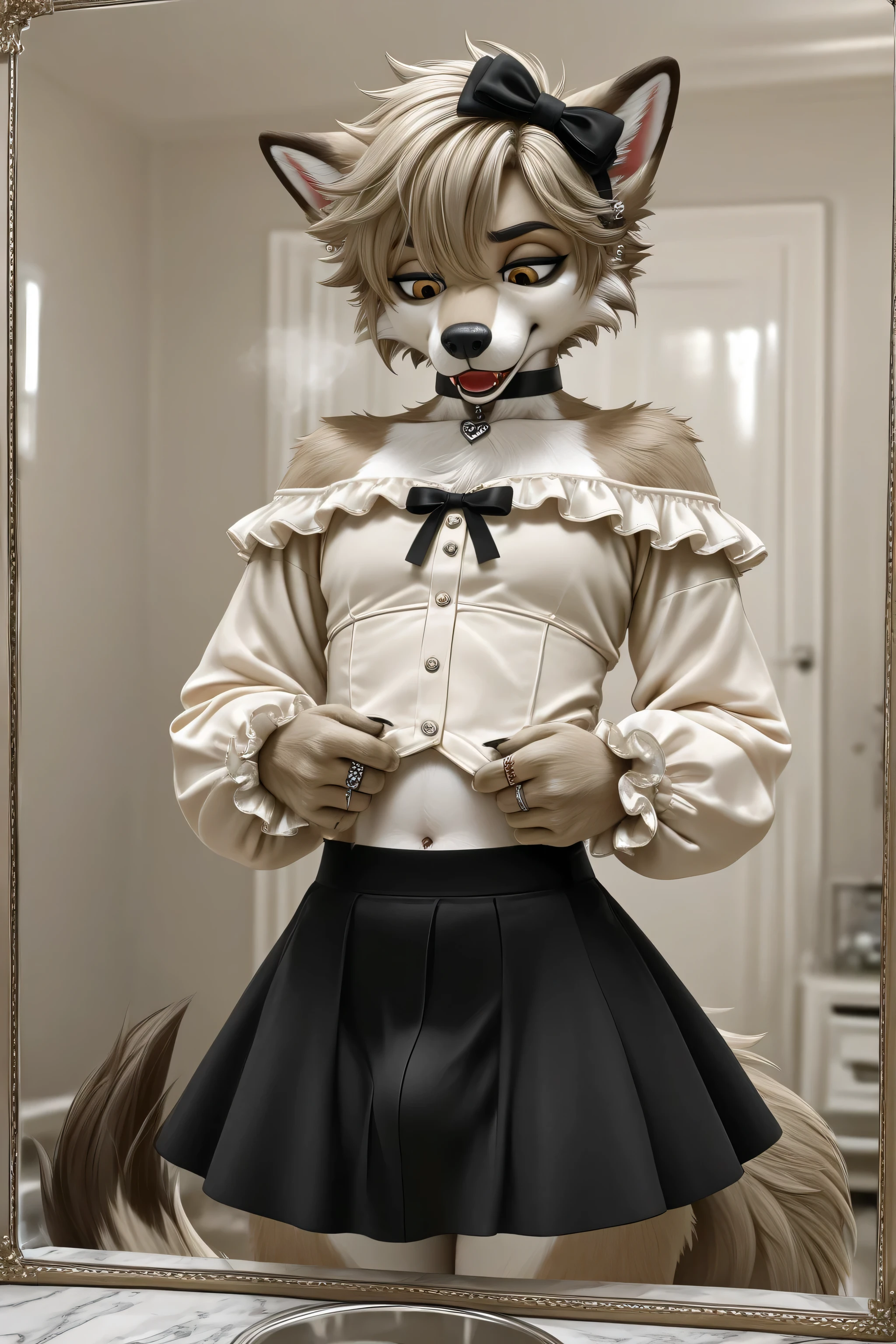 Elegant and clever Furry effeminate wolf,soft frilled shirt,short hair, fabric detailed mini skirt,large bulge appearance on the skirt ,wide mini skirt,looking at down,eyes down,long sleeves,hearts, bow, solo, clothes room,stylish outfits,clothes details,clothes textures,feminine office outfits and suits ,girly long tie with details ,bulge details,fingers details,cgi,deep image rendering,high quality outfits textures,buttons details ,bulge appearance,buttons detailed ,4k upscale,high quality textures ,perfect upscale ,solo,eyes down,waist details under the skirt,girly moves and behaviors, long and soft feminine hair,elegant feminine outfit, perfect crossdressing appearance, very realistic Furry face,tail appearance,eyes details, improve face textures details deeply, rings,earrings,manly arms, rough and strong manly hands,He looks at his bulge carefully,hot breathing,deep details of clothes textures fabrics,he feeling phenomenal after wearing femmine outfit,feminine clothes fetishism,modern design clothes,charismatic Furry,realistic colors, 4k upscale,high quality details,character best detailing,male furry body features,He looks very fashionable,soft coquette,gender identity disorder,handsome effeminate furry,crossdressing ideas fashionable,He carefully buttoning his shirt,feminine Chest appears prominent,very wide waist,rough face,frilled cuff with details,manly eyes, beige hair color, mirror appearance, wearing front the mirror, realistic reflection of mirror, cute smile, He seems quite satisfied with his appearance, wolf skin, temptation skirt, temptation pose, detailed mouth, detailed nose, girly accessories, hungry lips, red lipstick, girly bussniss, bow on head, off-the-shoulder, nfsw, whore furry, bitch Furry, exposed stomach little bit , bellybutton details, wearing his clothes gently, silly tongue, sexy shoulders,wearing his sister clothes, reviewing his clothes, evil smile, layers of clothing, sexual disguise