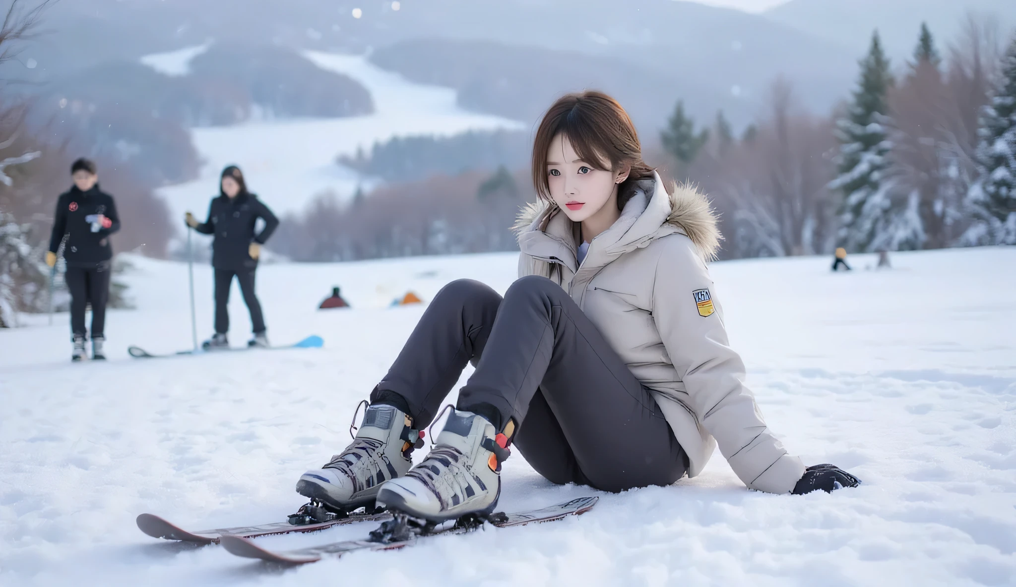 Teenager, ski beginner, sitting on ground, 