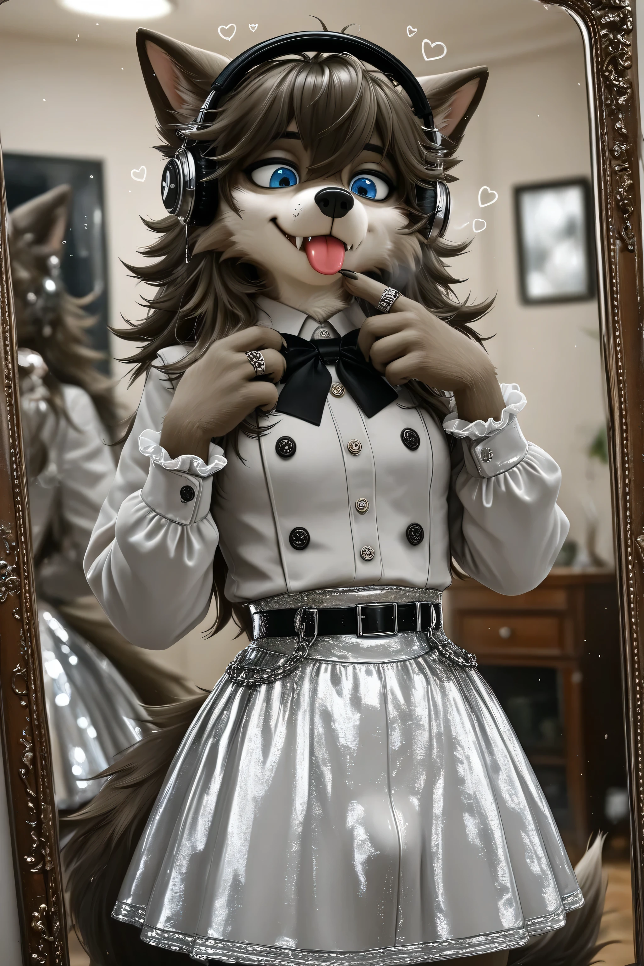 Elegant Furry effeminate wolf,soft frilled gray shirt,long hair,fabric detailed skirt,large bulge appearance on the skirt ,looking at down,eyes down,long sleeves,hearts, bow, solo, clothes room,stylish outfits,clothes details,clothes textures,feminine office outfits and suits ,girly tie with details ,bulge details,fingers details,cgi,deep image rendering,high quality outfits textures,buttons details ,bulge appearance,buttons detailed ,4k upscale,high quality textures ,perfect upscale ,solo, He looks at his body with admiration،eyes down, feminine moves and behaviors, long and soft feminine hair,elegant feminine outfit, perfect crossdressing appearance, very realistic Furry face,tail appearance,eyes details, improve face textures details deeply, rings,earrings,manly arms, rough and strong manly hands,He looks at his bulge carefully,hot breathing, fluffy cheeks,embarrassment face,looks very busy, deep details of clothes textures fabrics,he feeling phenomenal after wearing femmine outfit,feminine clothes fetishism,modern design clothes,charismatic Furry,realistic colors, 4k upscale,high quality details,character best detailing,male furry body features,He looks very fashionable ,soft coquette,gender identity disorder, handsome effeminate furry,crossdressing ideas fashionable,temptation effeminate furry,wearing clothing pose,feminine Chest appears prominent, very wide waist, rough face, frilled cuff with details, manly eyes, burgundy hair color, mirror appearance, wearing front the mirror, realistic reflection of mirror,small fangs, shyness aura, pulling up the sleeves, optimistic face, blue eyes ,headphones, little tigh skirt, sexual disguise, silly boy, silly tongue, self proud, chains on the outfits, goth belt,Artificial female breast,bad boy face, trying feminine clothes first time, hands on outfit buttons, cunning male, cunning eyes, silver skirt,thinking pose, checking on the outfit, fingers on chin thinking, cunning smile
