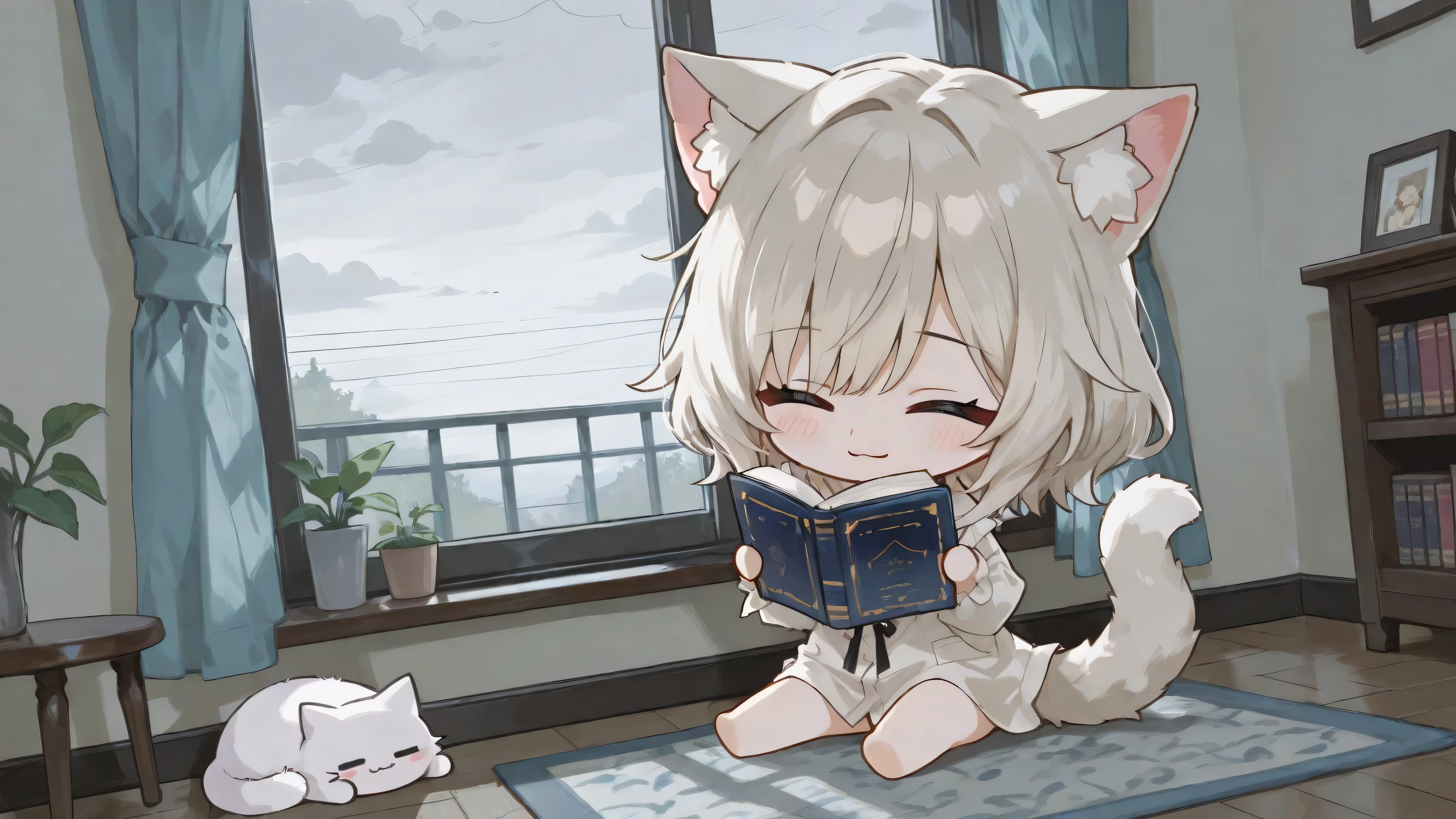 Chibi,(chibi:1.4),A cute neko-girl with soft cat ears and a fluffy cat tail, sitting on the floor of her cozy bedroom. She is reading a book with a shy, gentle smile, tilting her body slightly in an adorable, bashful pose, her tail curling softly beside her. Soft grayish light enters the room through the window because of the cloudy, overcast sky, creating a calm and slightly moody morning atmosphere. Pastel-colored room, plushies, small decorations, a tidy bookshelf. Japanese anime style, soft shadows, highly detailed, cute and heartwarming mood with a cozy cloudy-day feeling.