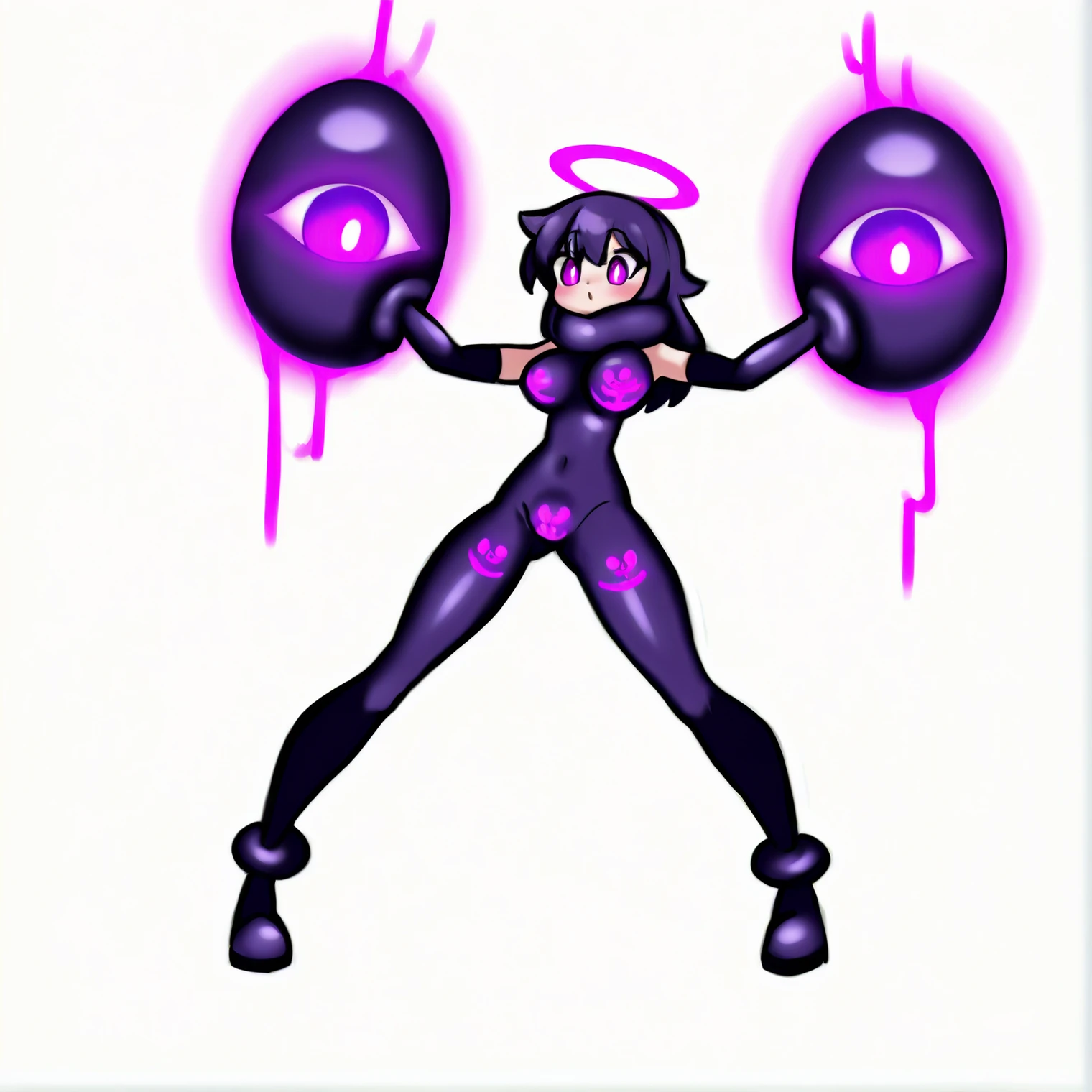 {soundness}, {sfw}, Simple Drawing, cute, anime, handwritten, many glowing purple keyholes on costumes, many purple eyes, 1girl, {{two eyes}}, left breast with round latex, right breast with round latex, crotch with round latex, halo, long gloves, long boots, {small kuromaru tightly around neck}